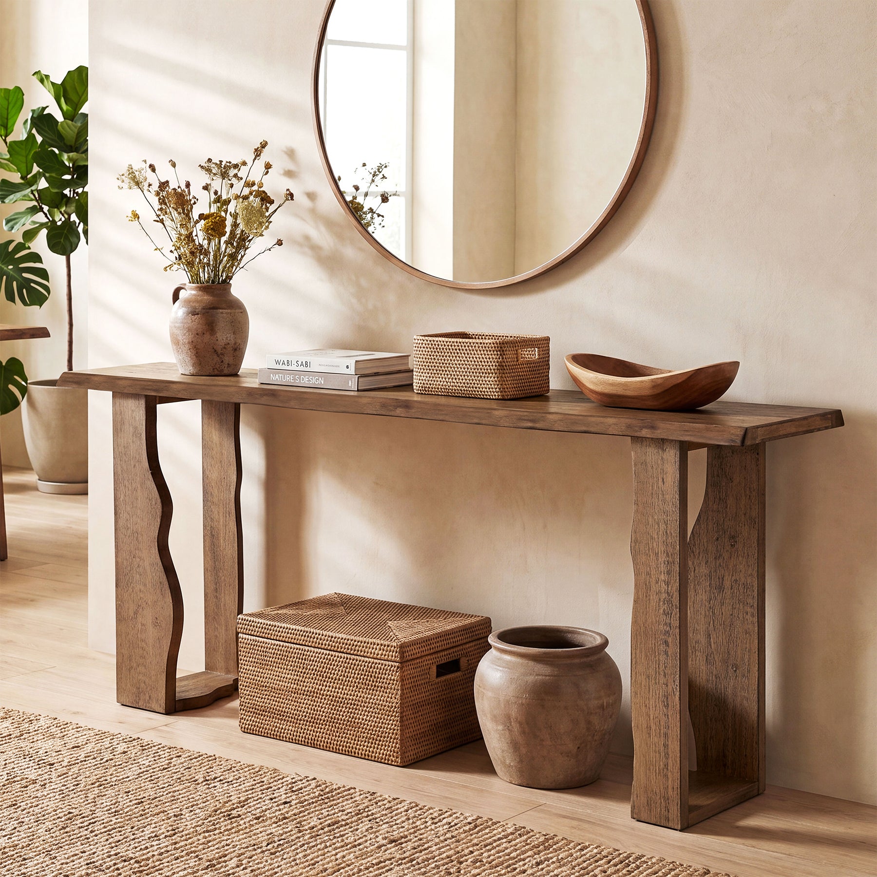 70.9" Solid Wood Console Table, Live Edge Entryway Sofa Table with Wavy Legs