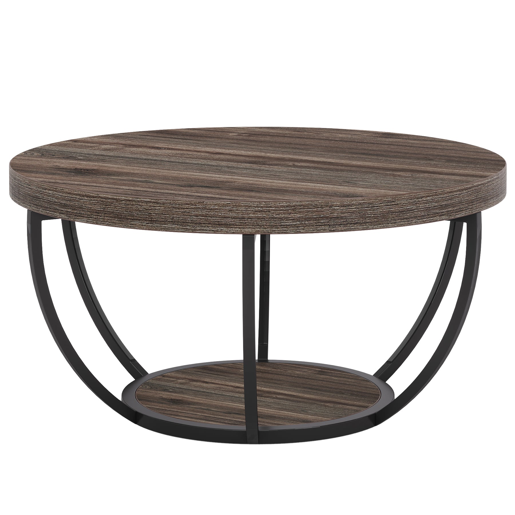 Wooden Coffee Table, 2-Tier Round Central Cocktail Table with Shelves