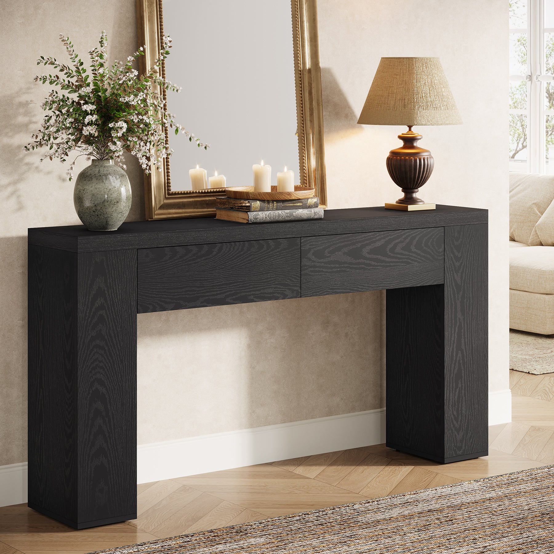 63“ Rustic Console Table with Drawers, Narrow Sofa Table for Hallway or Entryway