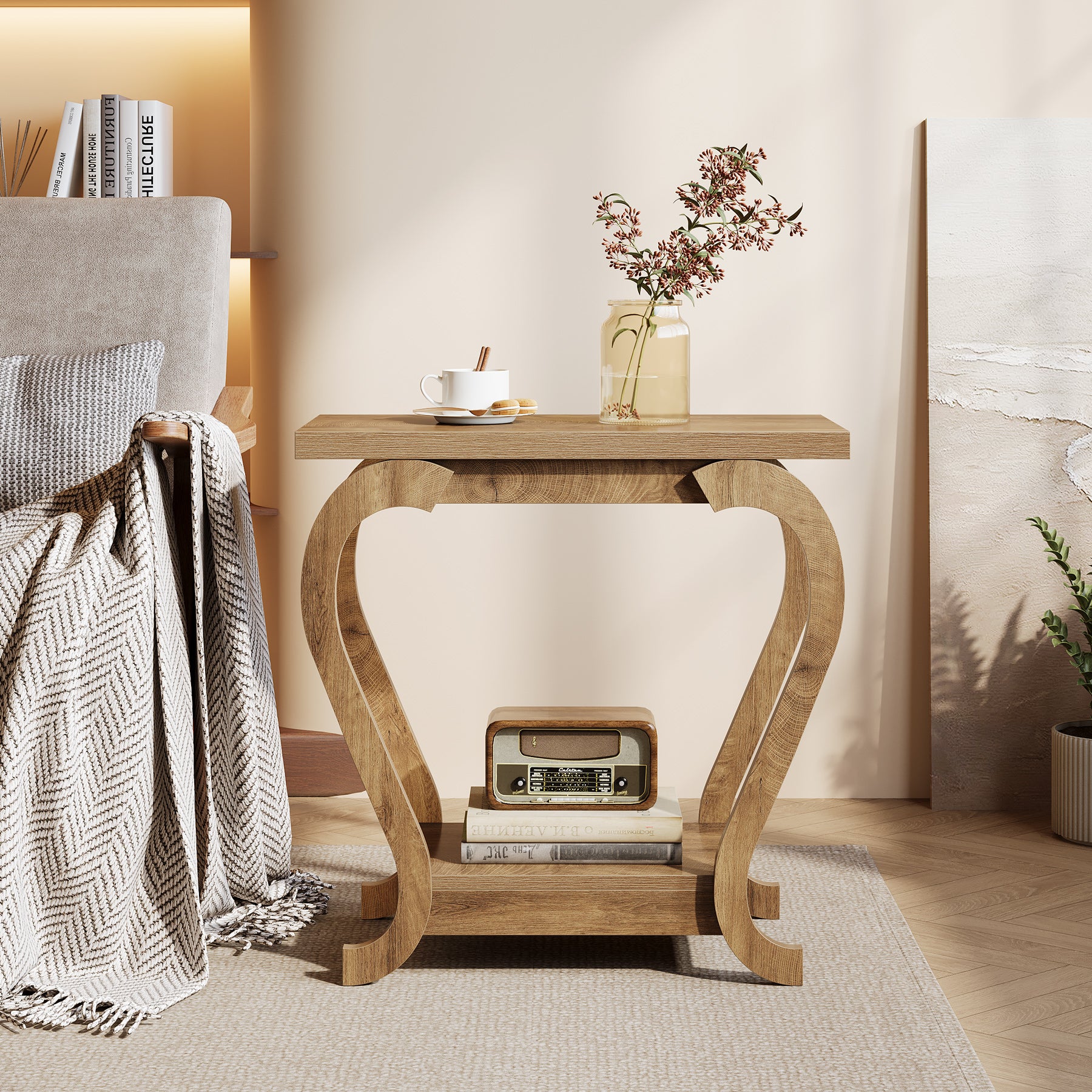 2-Tier End Table, Narrow Accent Side Table with with Storage Shelves