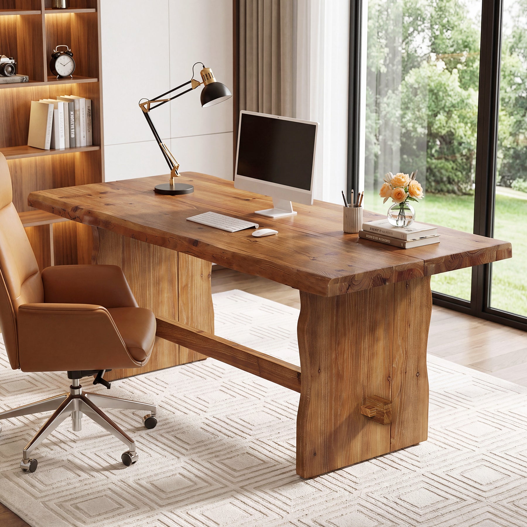 63" Solid Wood Executive Desk, Live Edge Computer Desk with Sturdy Panel Legs for Home Office