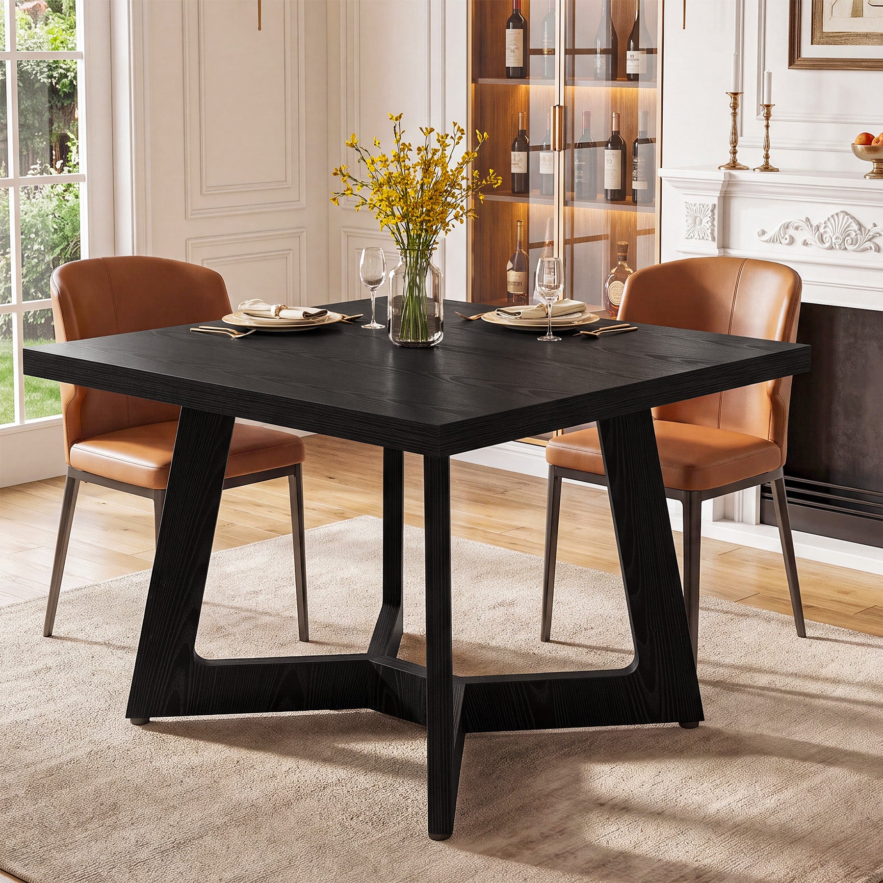 39.37" Square Dining Table, Modern Kitchen Table Geometric Leg for 4 People