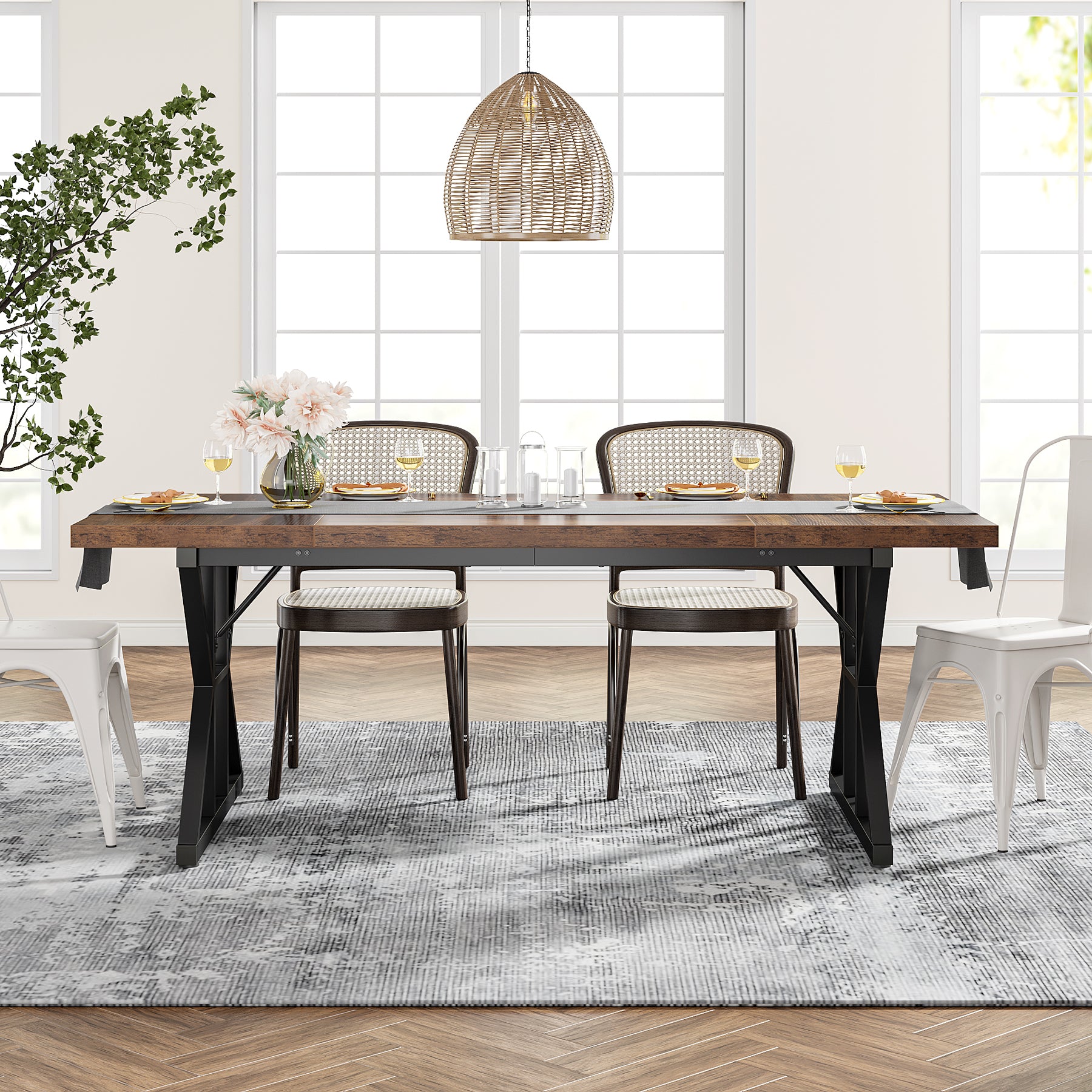70.8" Farmhouse Dining Table for 6, Rectangular Wood Kitchen Table with Metal Legs