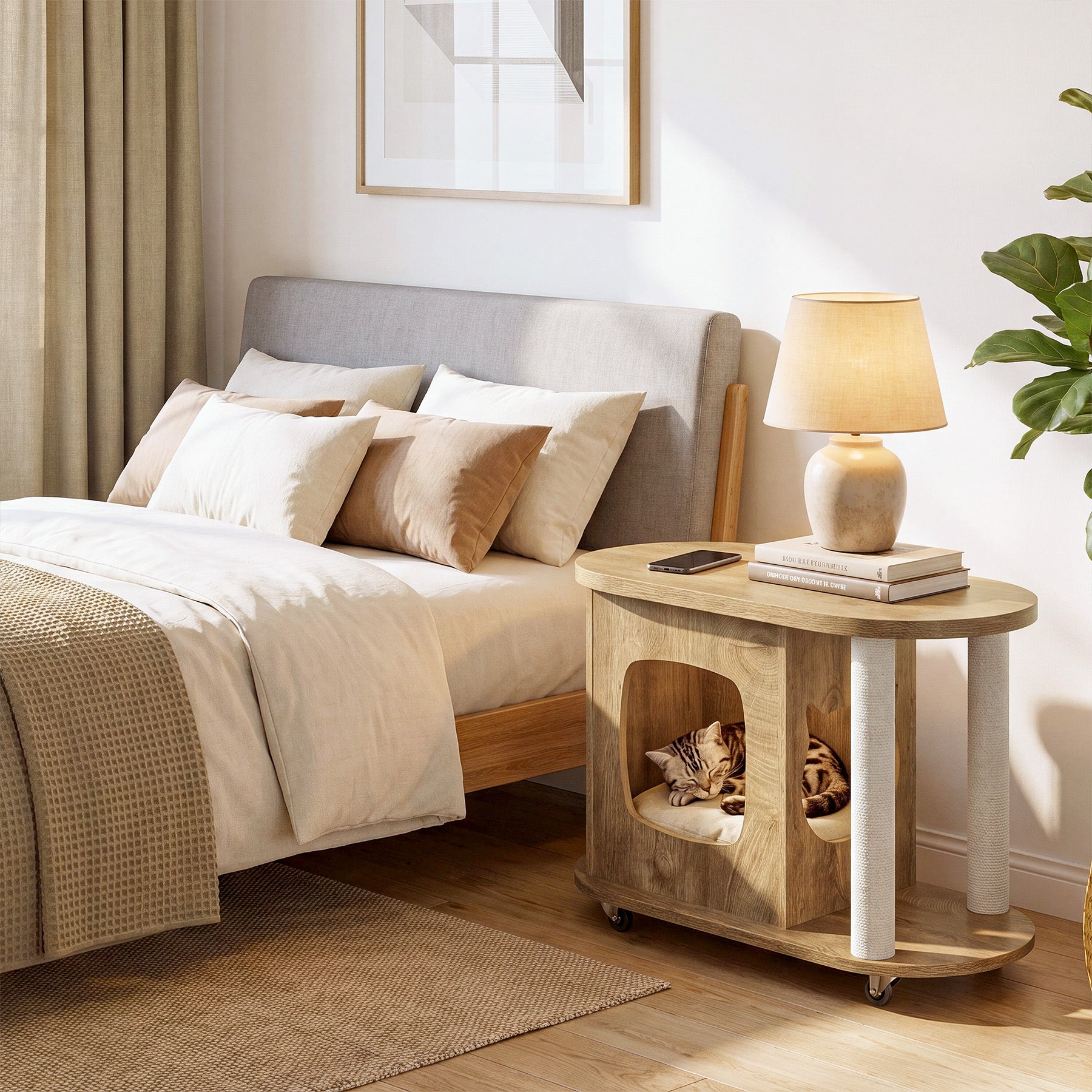 Rolling Sofa Side Table, End Table with Scratching Posts and Cat Bed