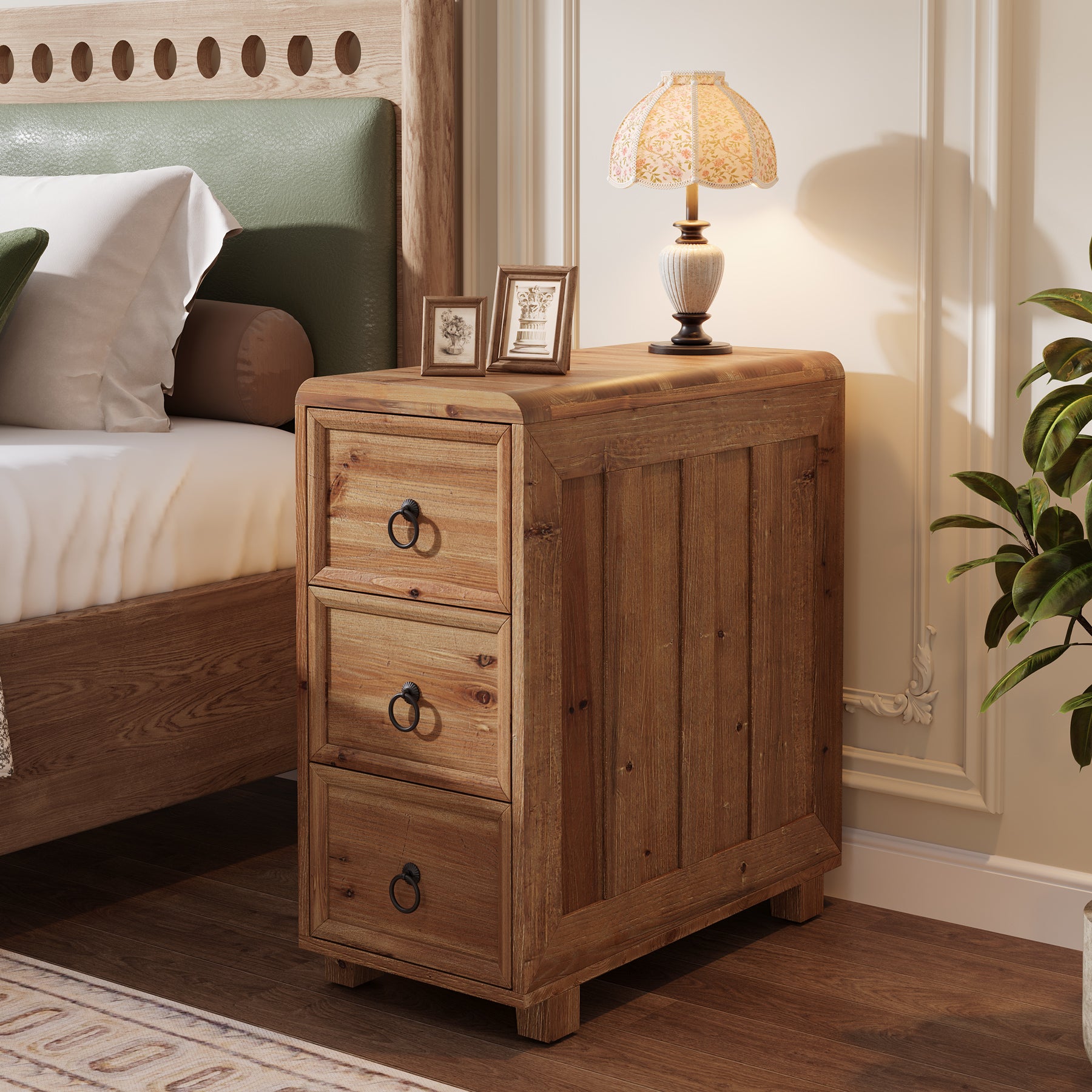 Solid Wood End Table, Narrow Side Table Nightstand with 3 Drawers