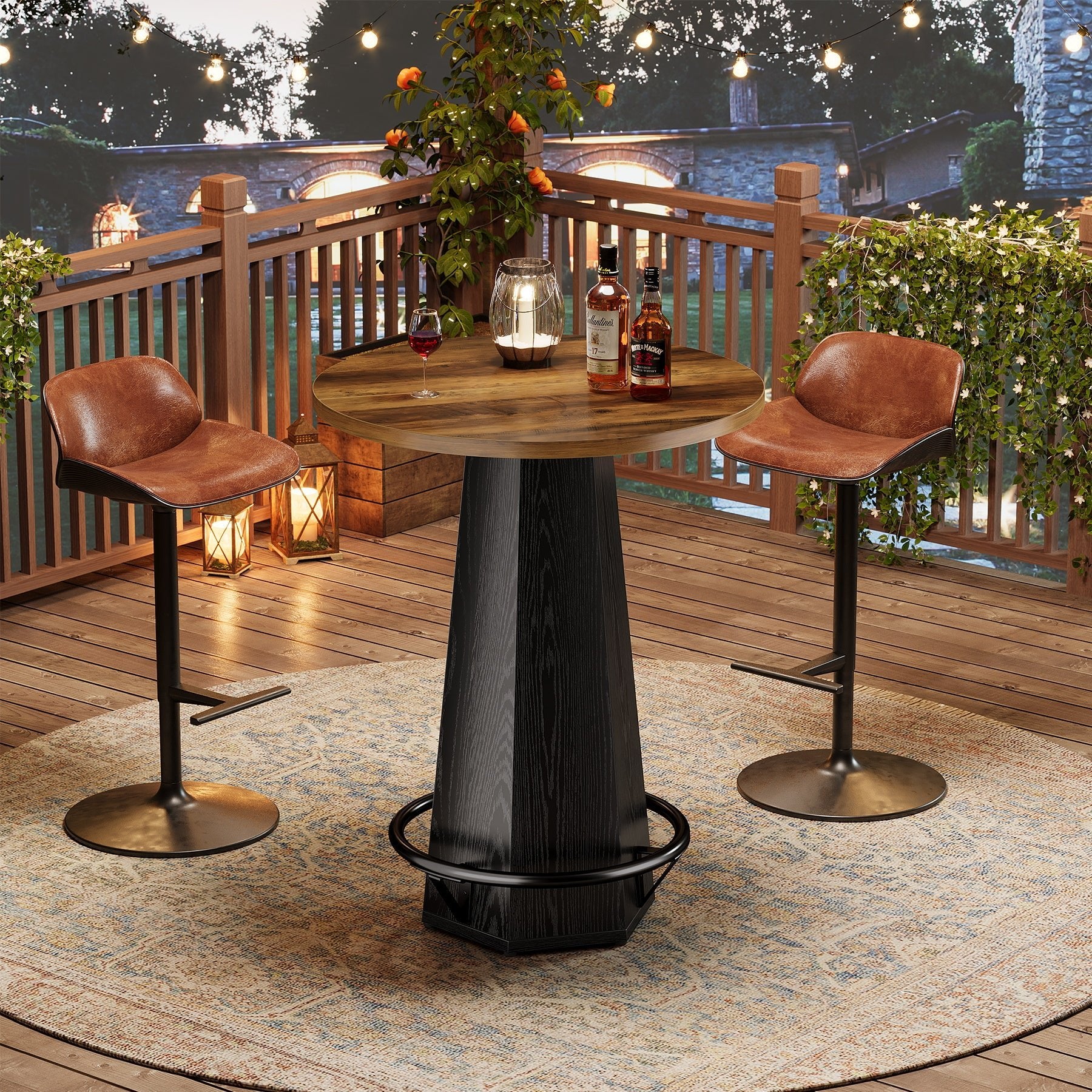 Round Bar Table, 39.4" H Bistro Pub Cocktail Table with Metal Footrest