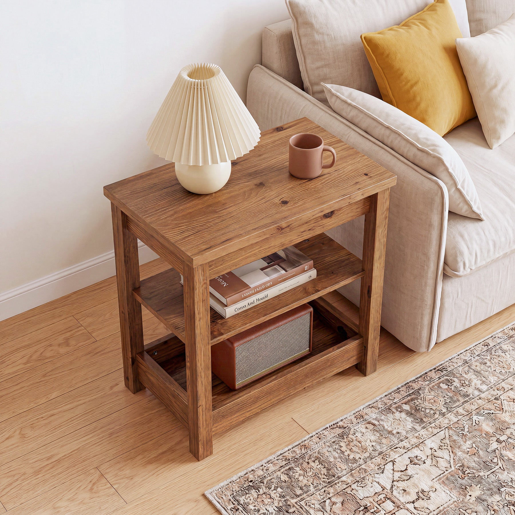 Tribesigns 23.62" Solid Wood End Table, 3-Tier Narrow Side Table for Living Room and Bedroom