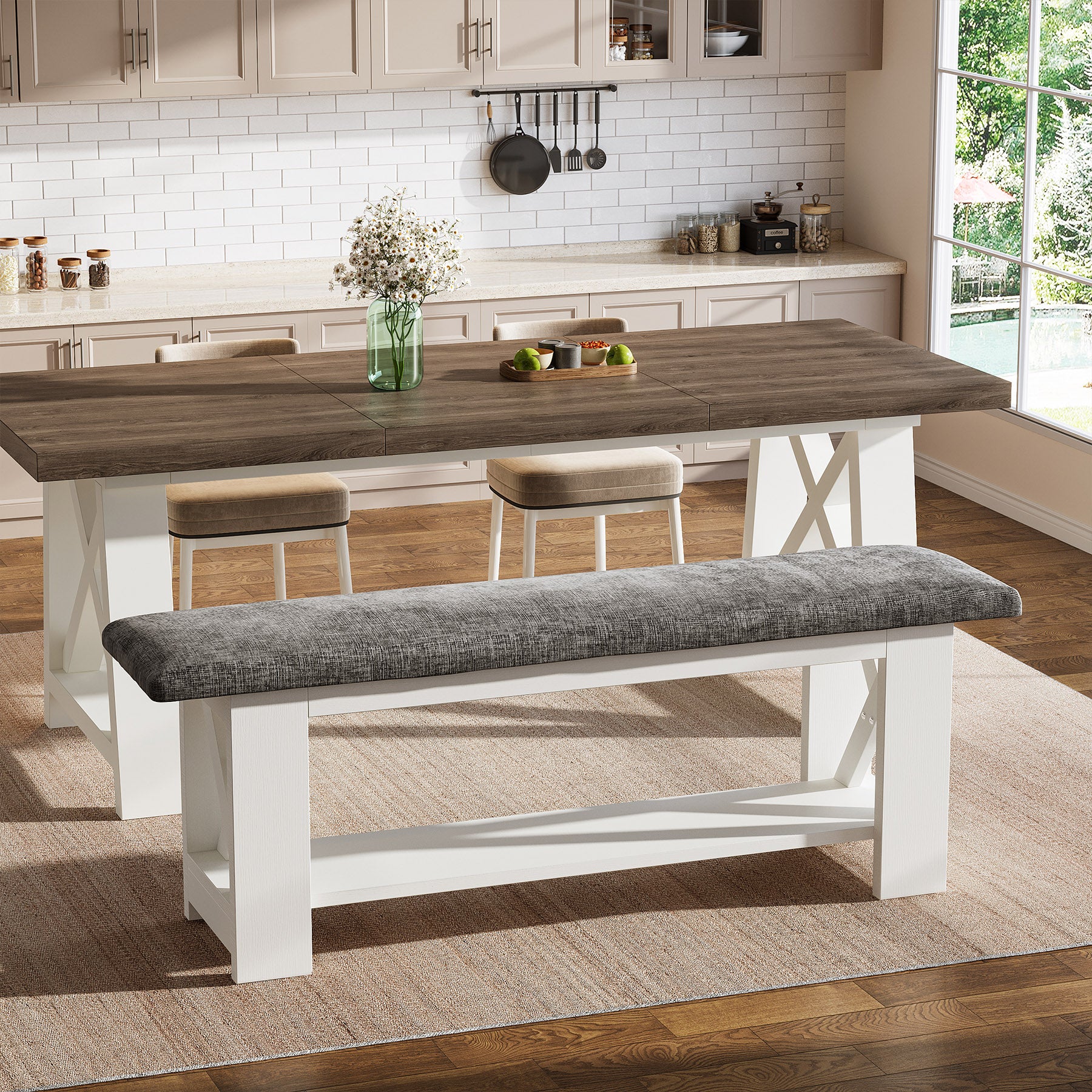 47.24" Upholstered Dining Bench, 2-Tier Kitchen Table Stool Cushion Seat
