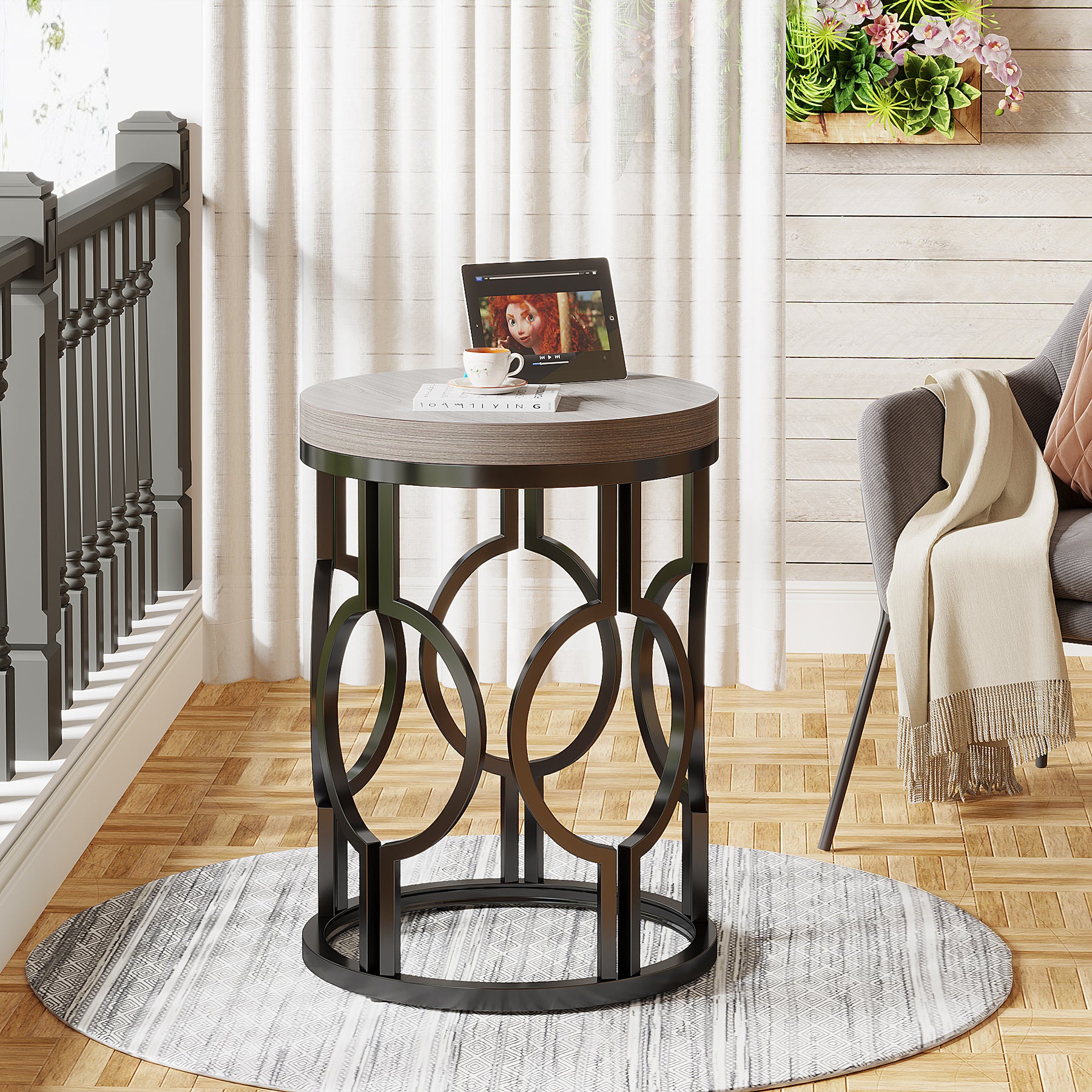 Small Round End Table, Industrial Metal Frame Side Table for Living Room & Bedroom