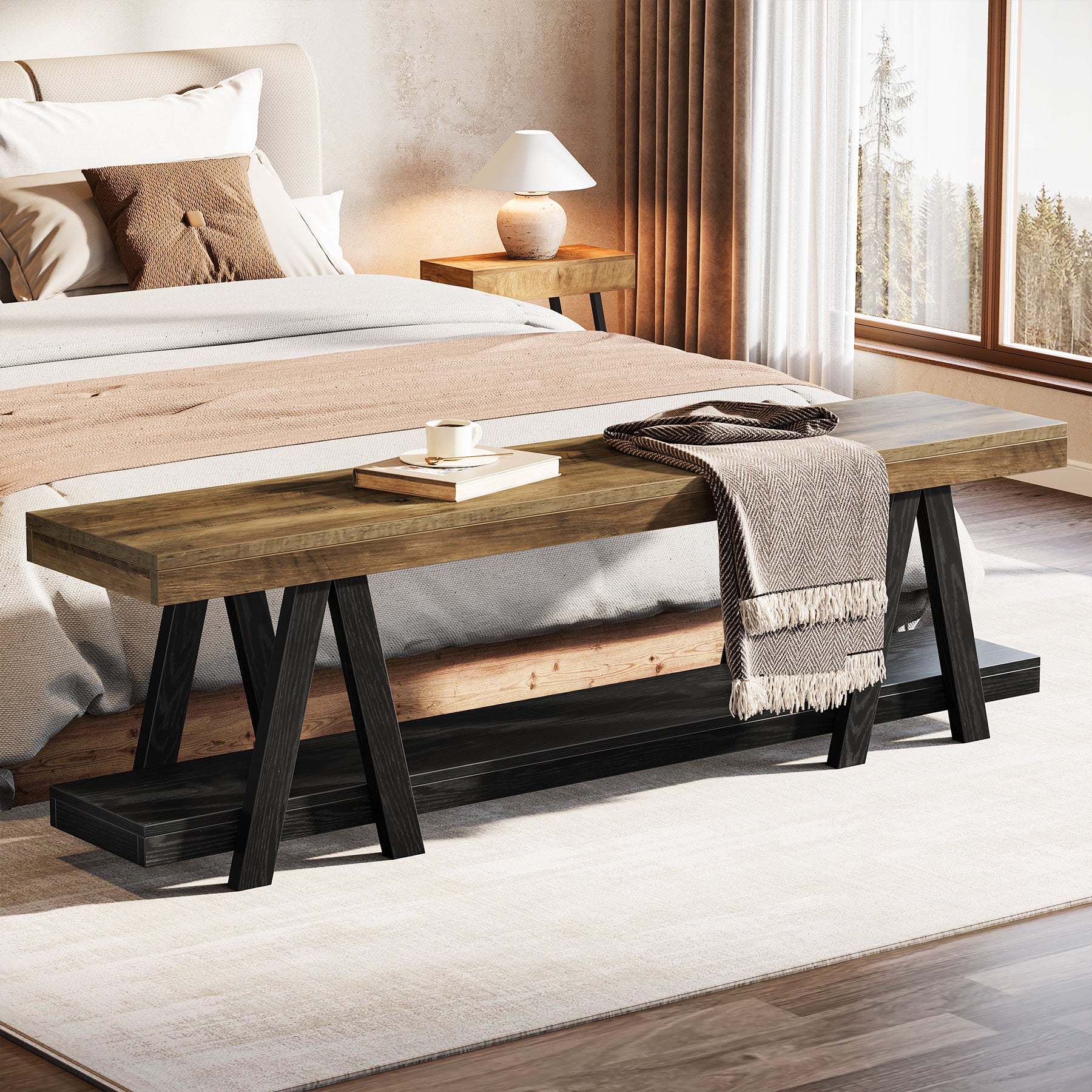 59.05" Entryway Bench with Shoe Storage, 2-Tier End of Bed Bench with Shelves