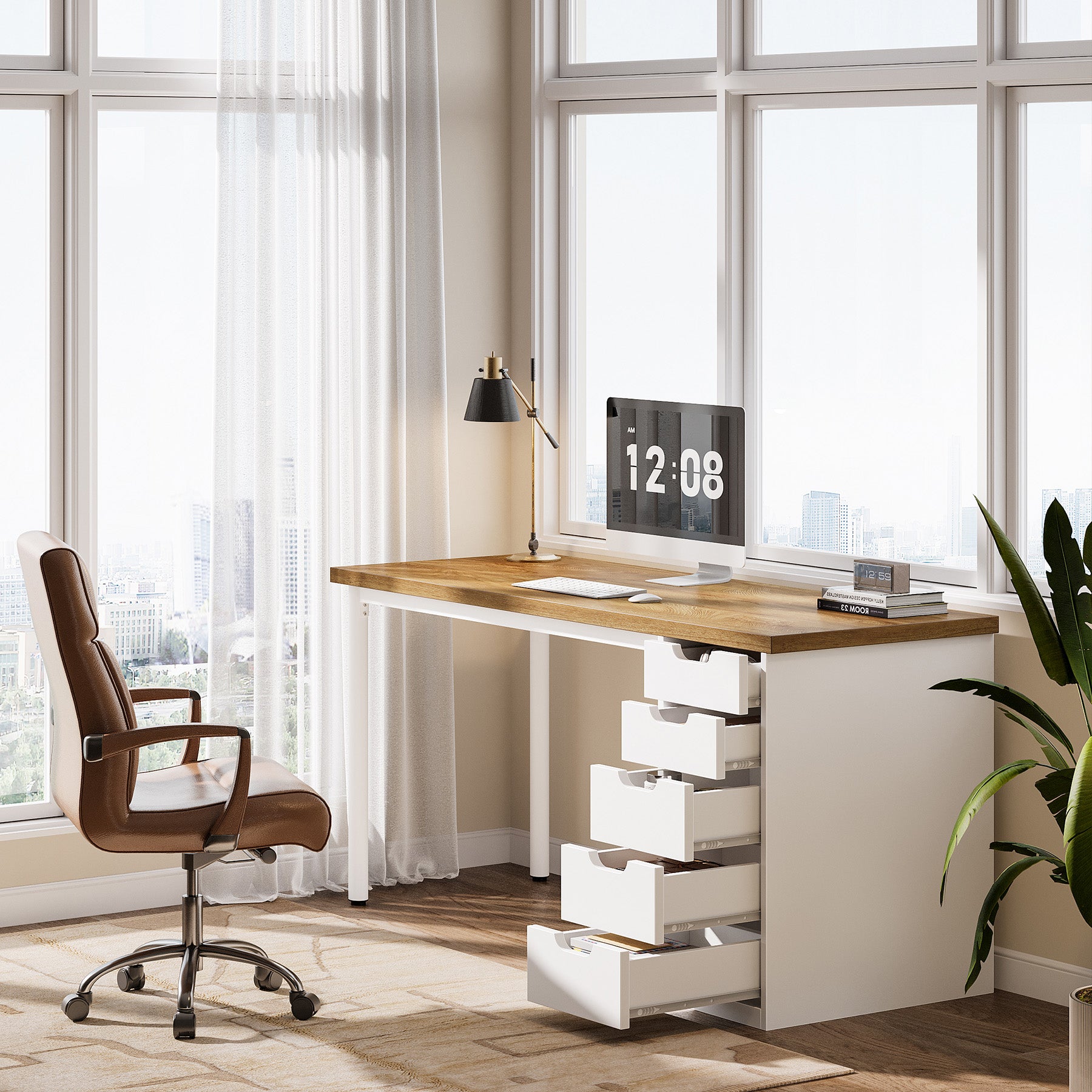 Tribesigns 47" Computer Desk with 5 Reversible Drawers, Rustic Home Office Workstation