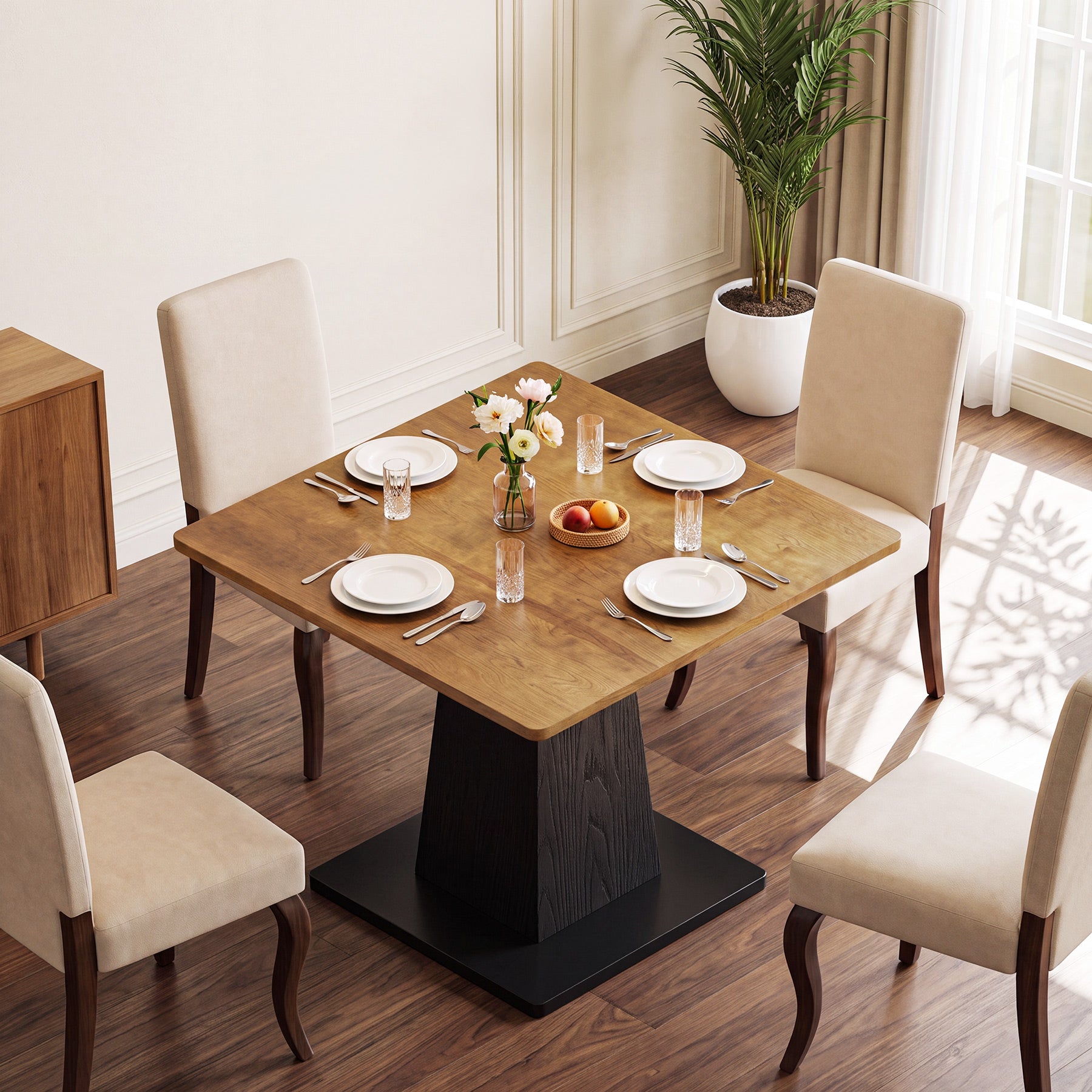 31.5" Square Dining Table for 4, Farmhouse Kitchen Table with Pedestal for Dining Room