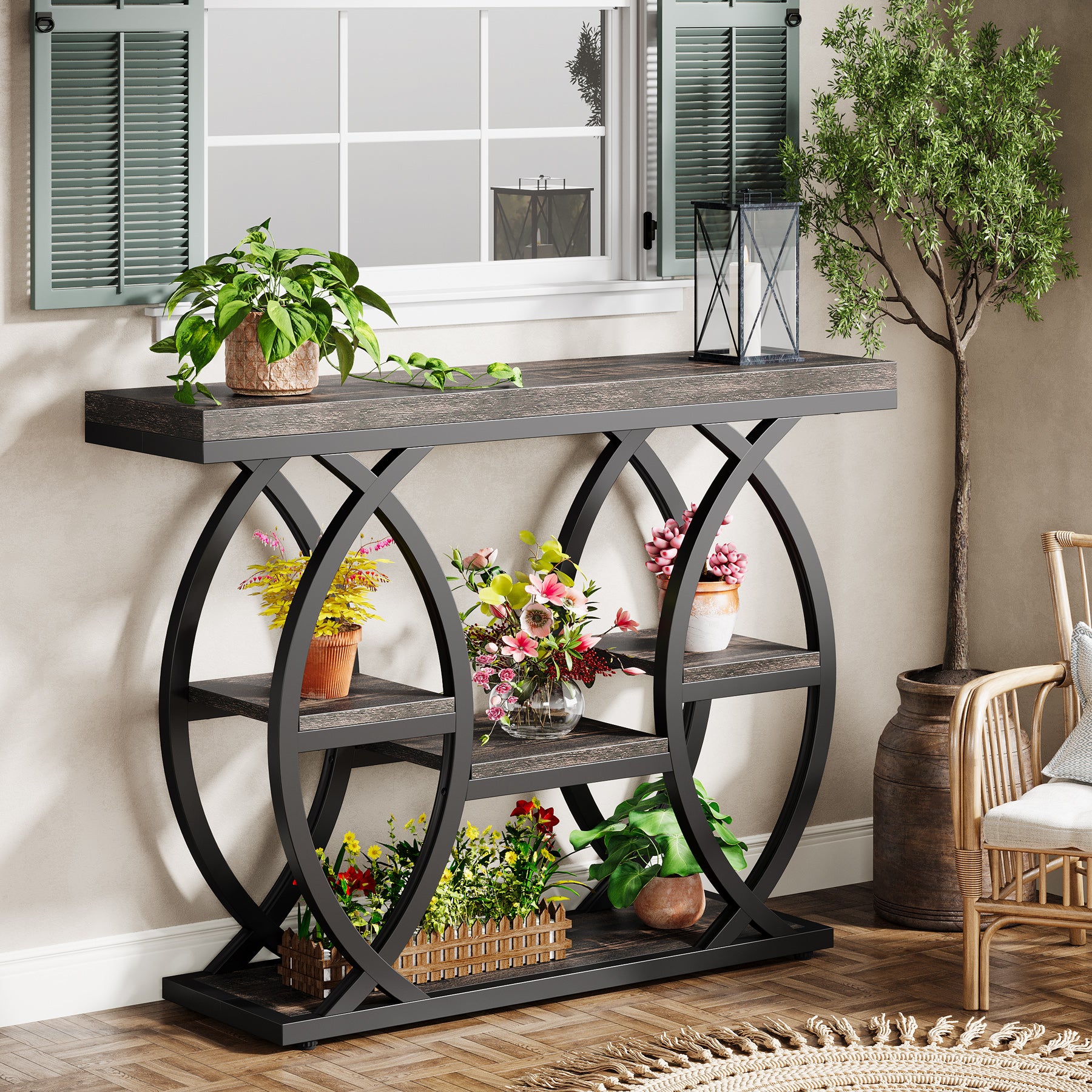39.4" Console Table, Industrial 4-Tier Sofa Table Entryway Table with Storage Shelves