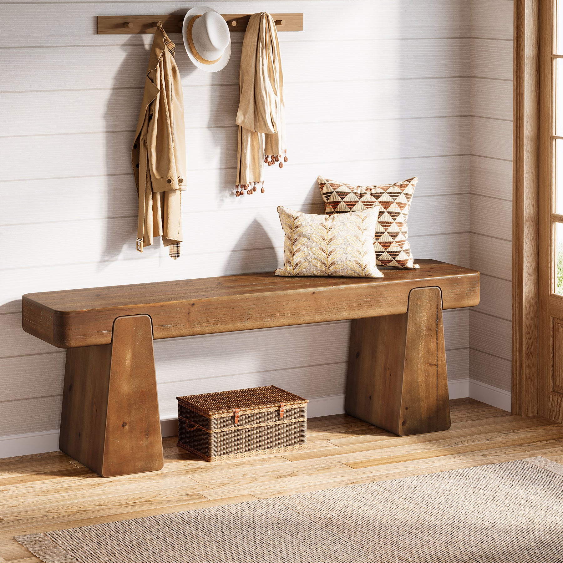 47" Solid Wood Entryway Bench, Farmhouse Shoe Bench with Thickened Legs