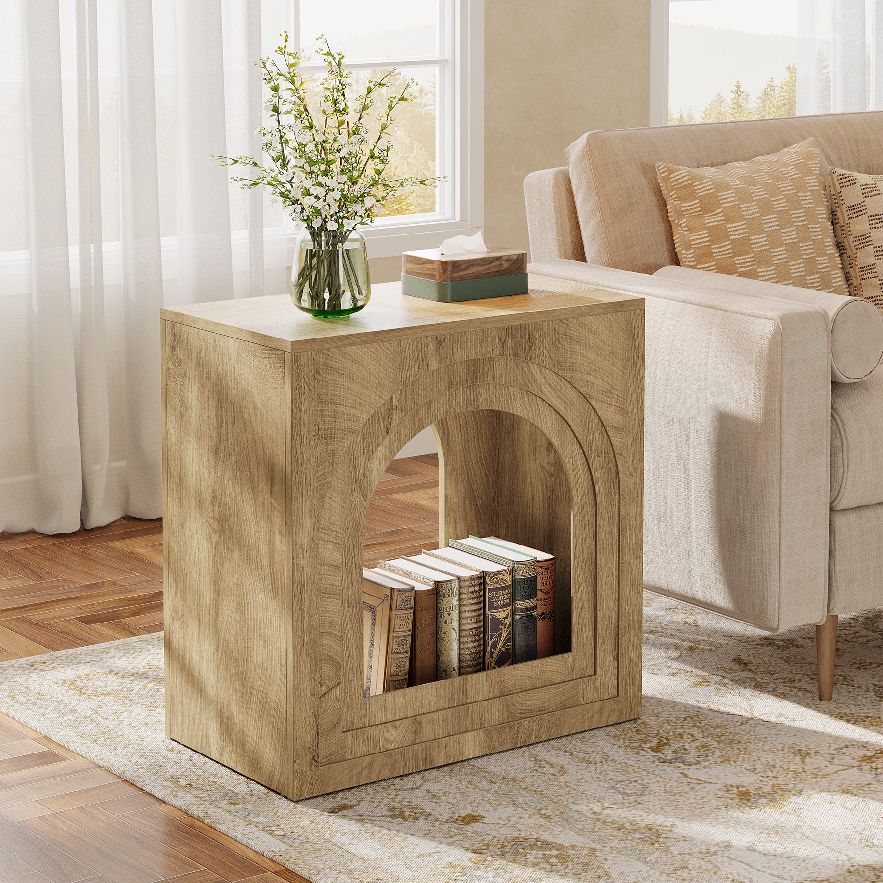 Tribesigns 2-Tier Square End Table, Farmhouse Side Table with Arched Shelf