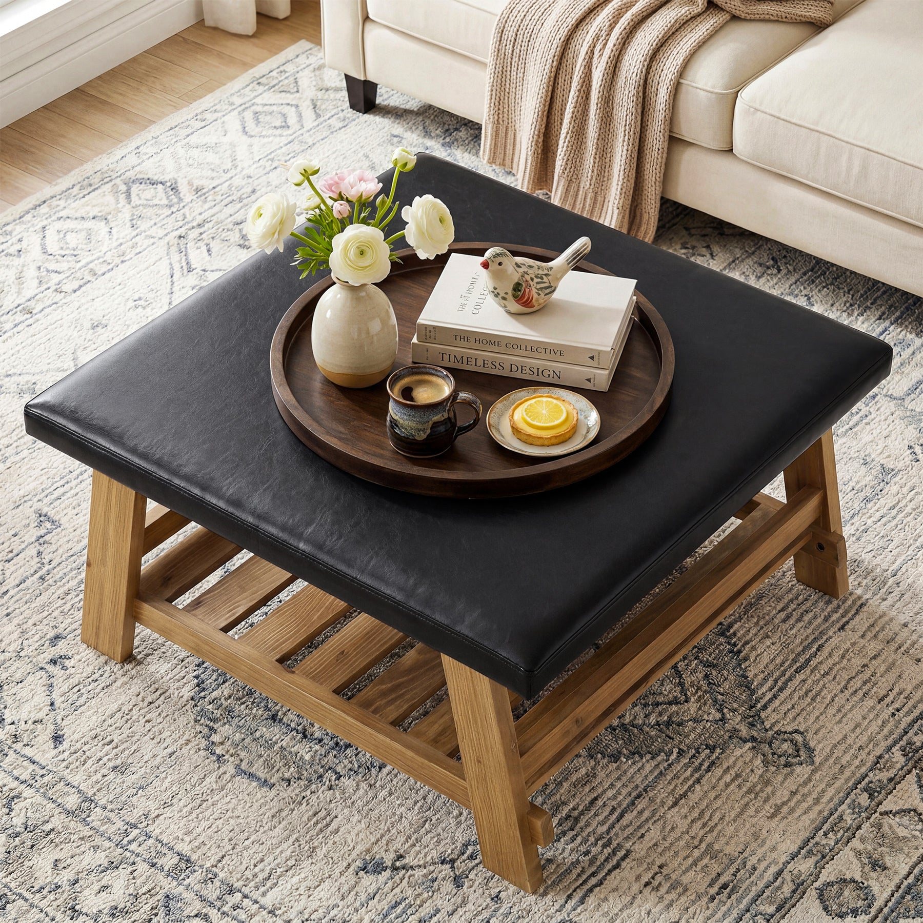 31.5" Square Ottoman Coffee Table with Storage Shelf