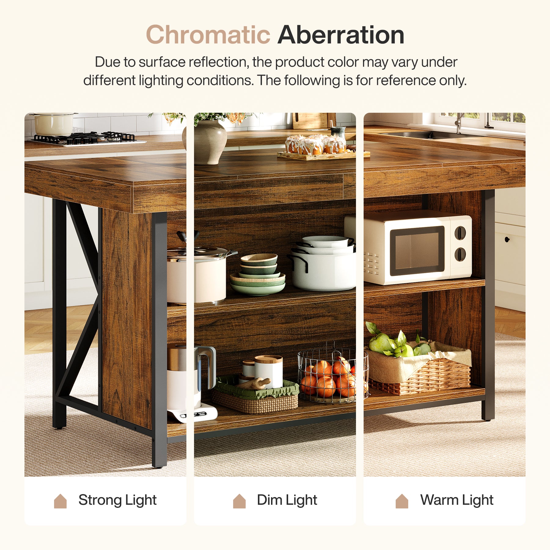 55" Kitchen Island with Storage, 3-Tier Stationary Island Table with Metal Frame