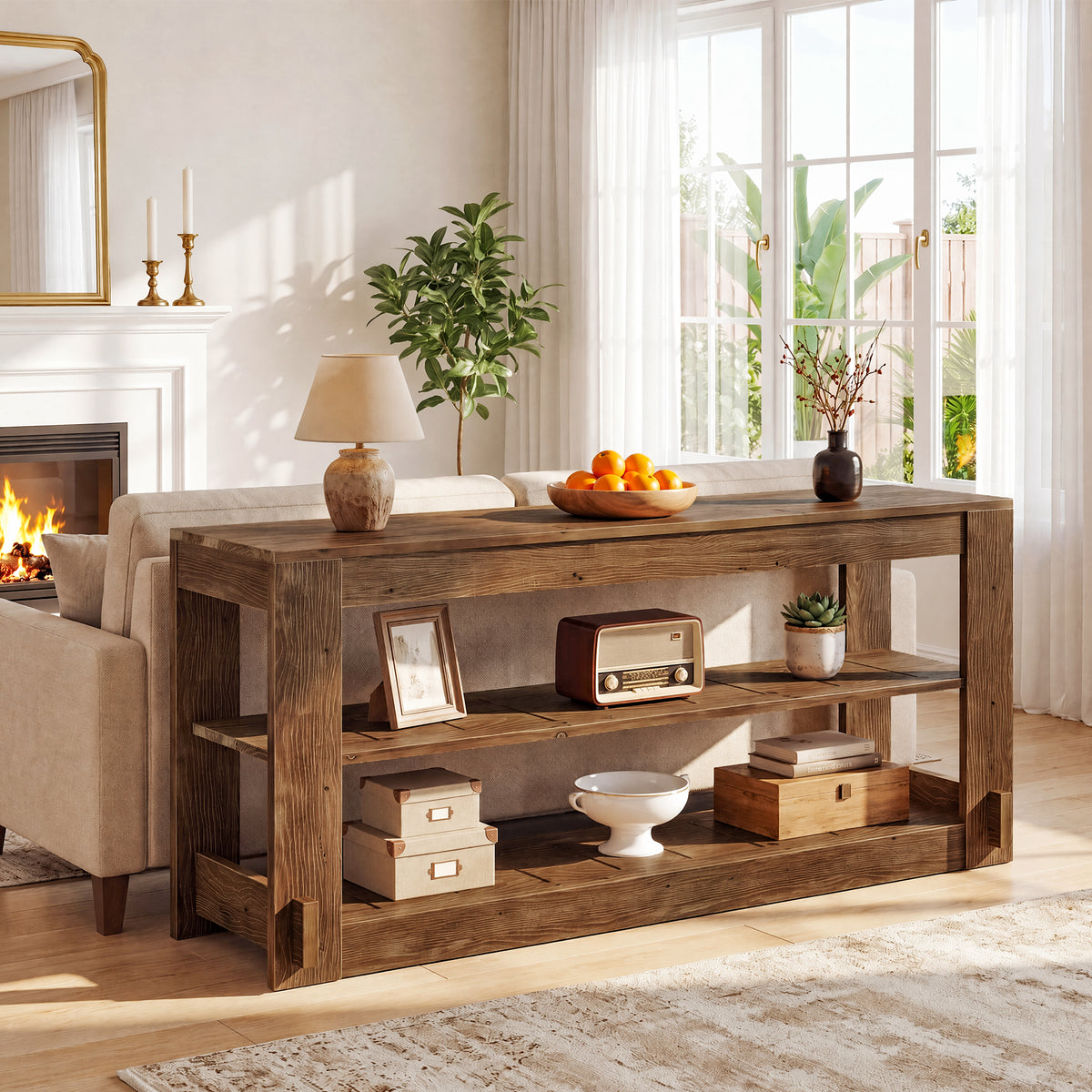 63" Solid Wood Console Table, Farmhouse Sofa Entryway Table with 3-Tier Storage Shelves