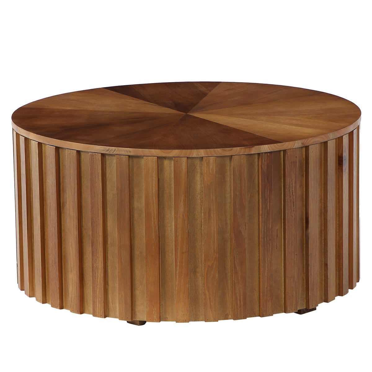 Solid Wood Round Coffee Table, 31.5" Fluted Drum Tea Table with Hidden Storage, No Assembly