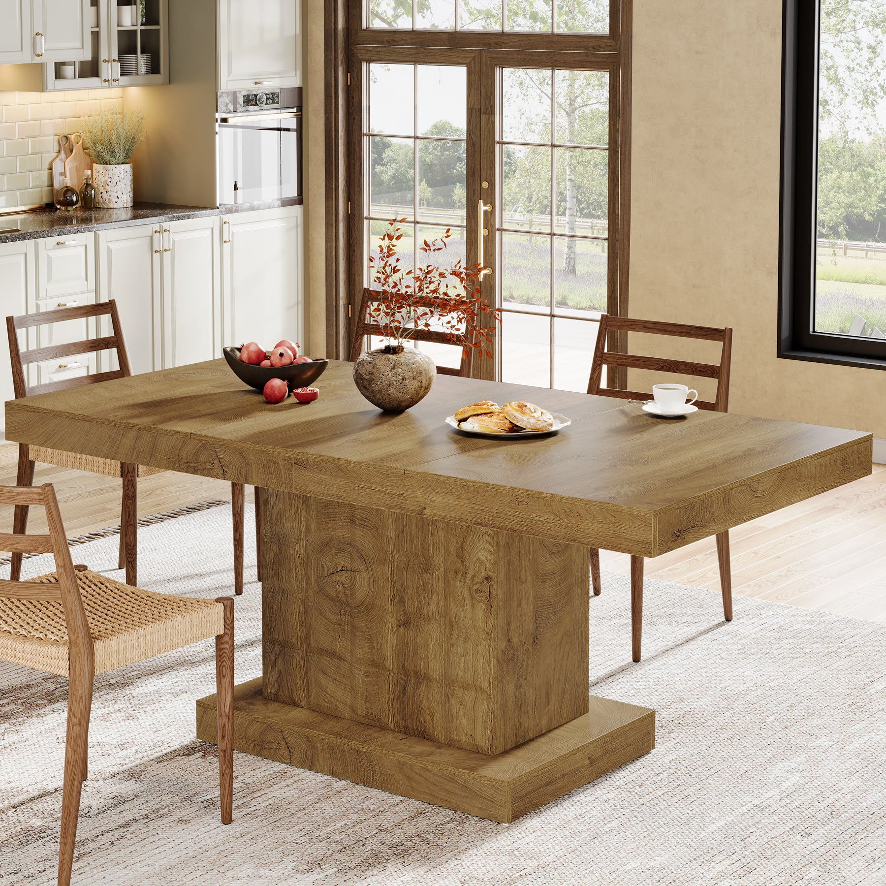 63" Dining Table, Rectangular Kitchen Table with Geometric Relief for 4-6