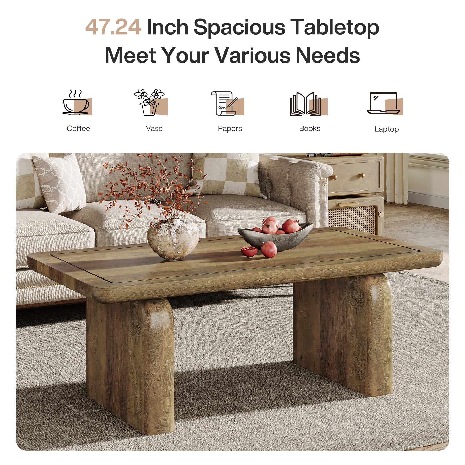 Rectangle Coffee Table, 47.24" Tea Table with Thickened Tabletop