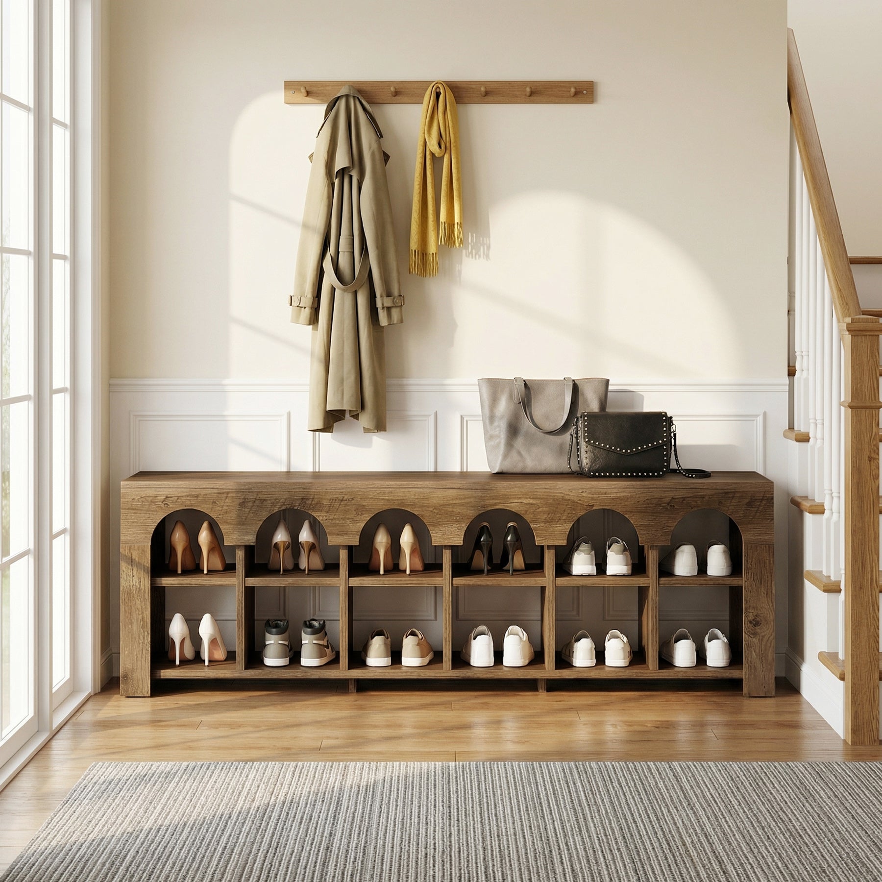 63" Entryway Bench, 2-Tier Narrow Shoe Storage Bench with Arched Cubbies