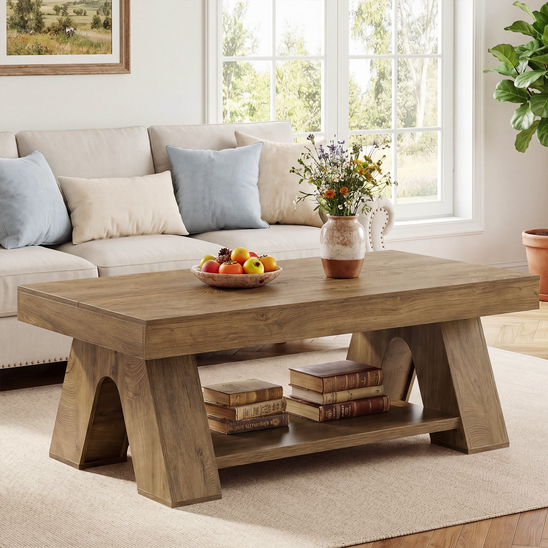 Tribesigns 55.1-Inch Farmhouse Coffee Table with Storage Shelf, Large Rectangle Center Table for Living Room