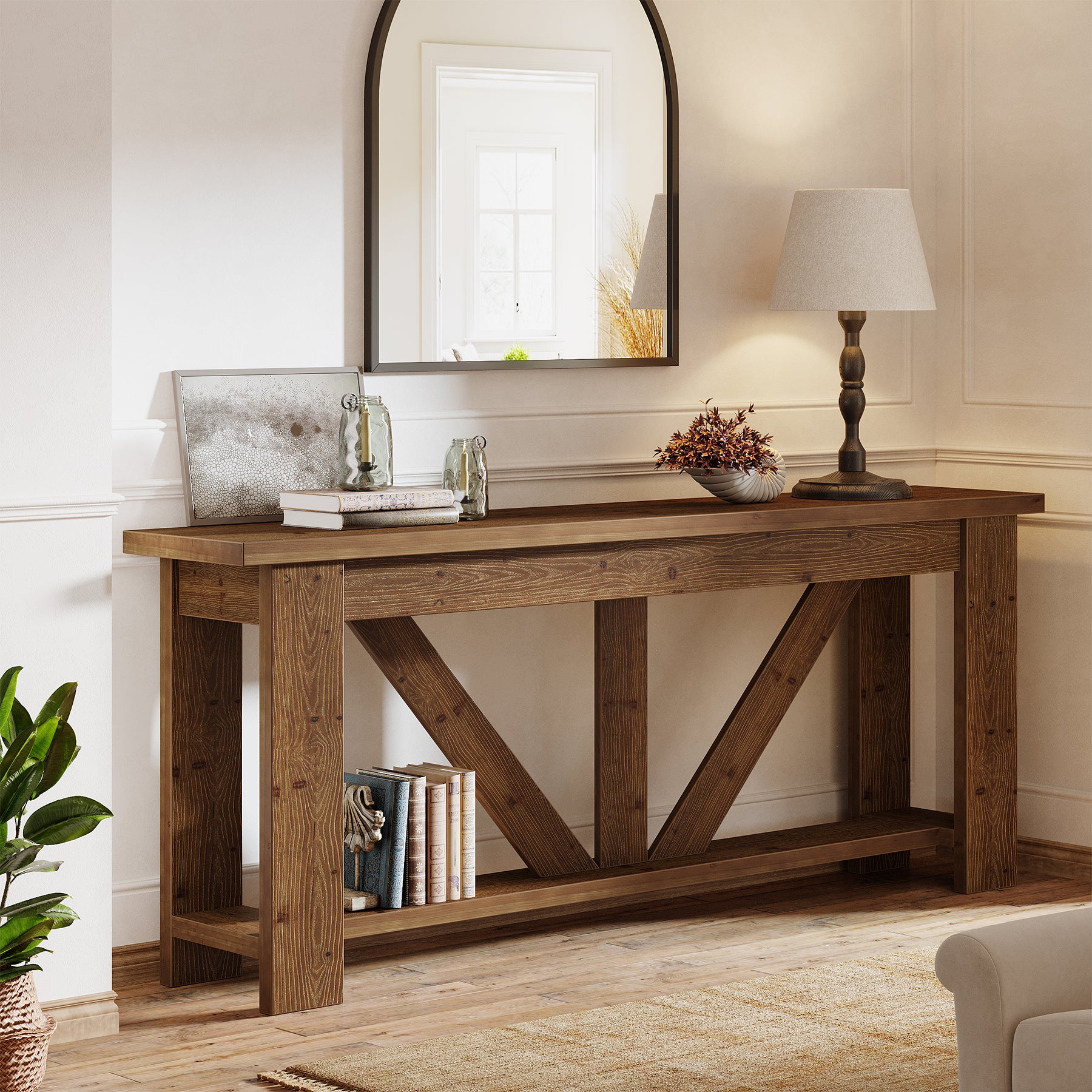 70.9" Solid Wood Console Table, 2-Tier Sofa Table Behind Couch with Storage