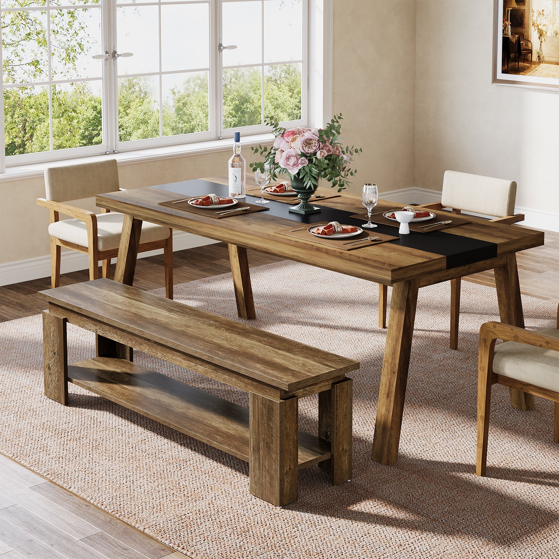 63" Dining Bench for 2-3, Farmhouse Kitchen Bench with Storage Shelf
