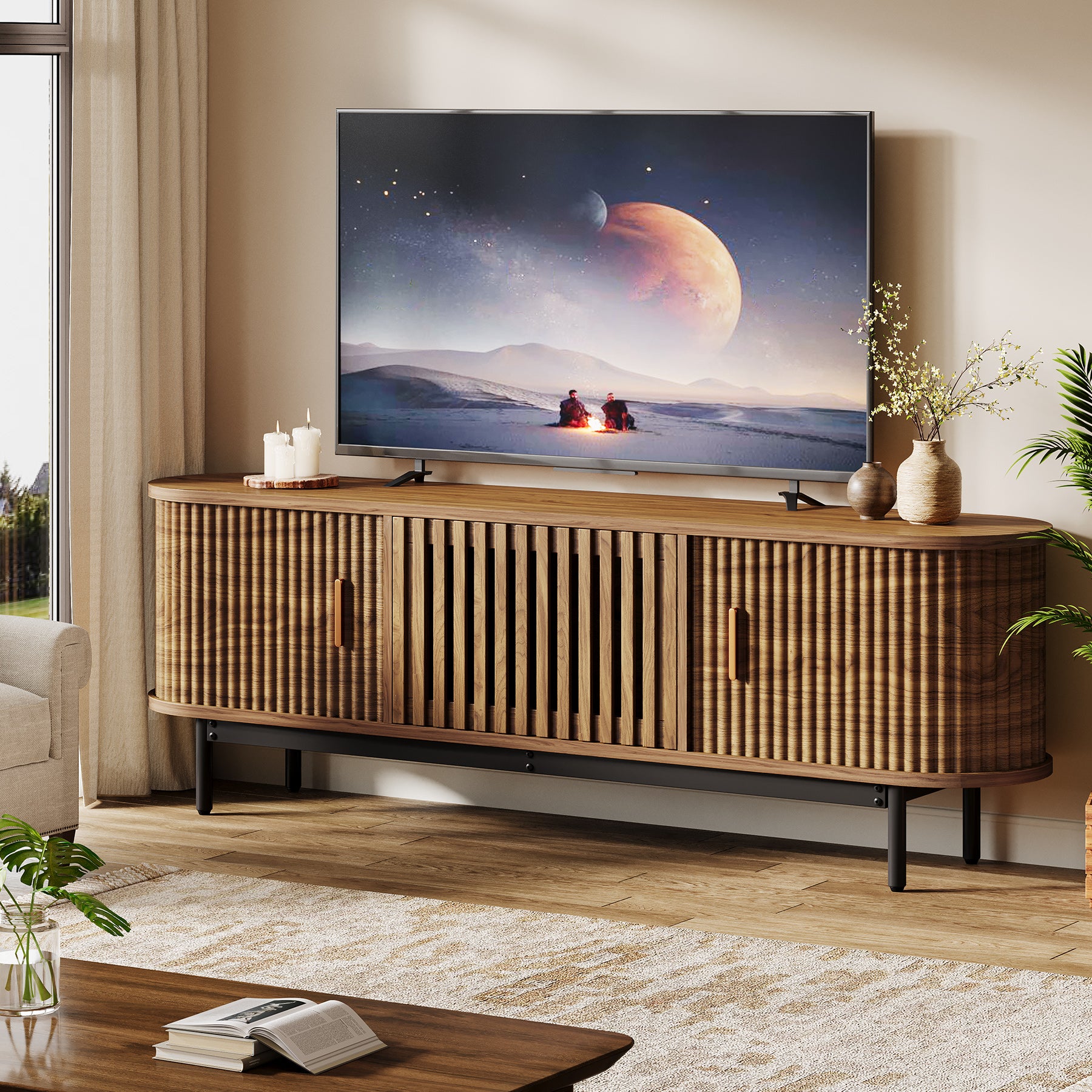 70" TV Stand for TVs up to 80", Fluted TV Console with Metal Legs & Sliding Doors