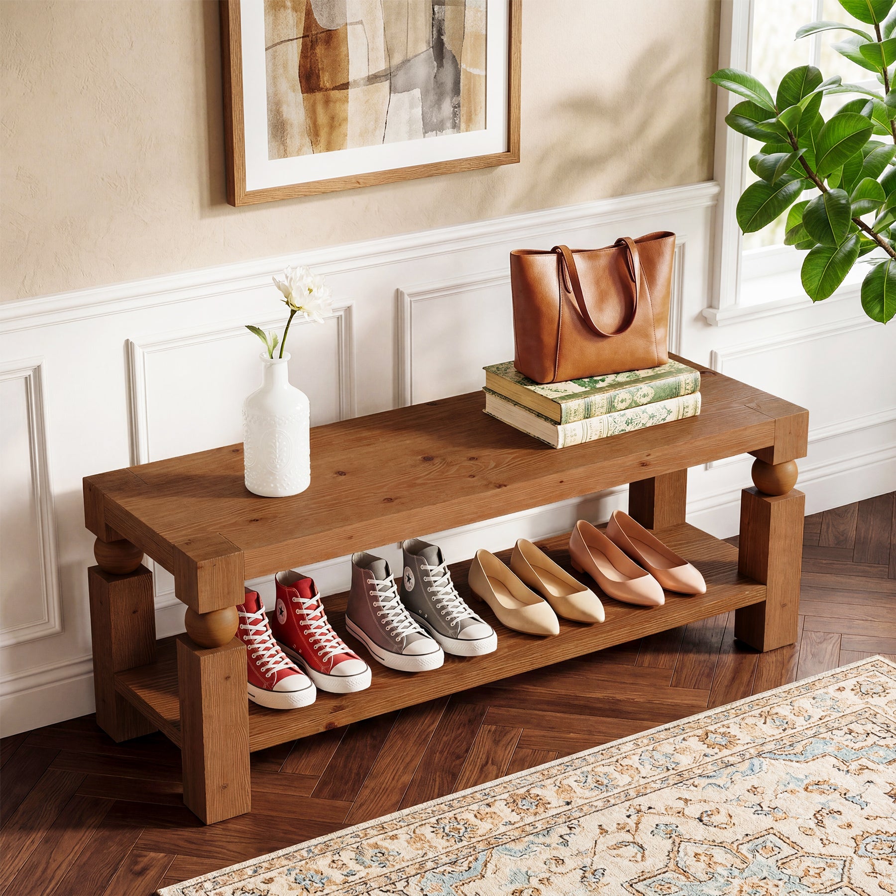 Solid Wood Entryway Bench, 47" Shoe Storage Bench with Shelf for Hallway