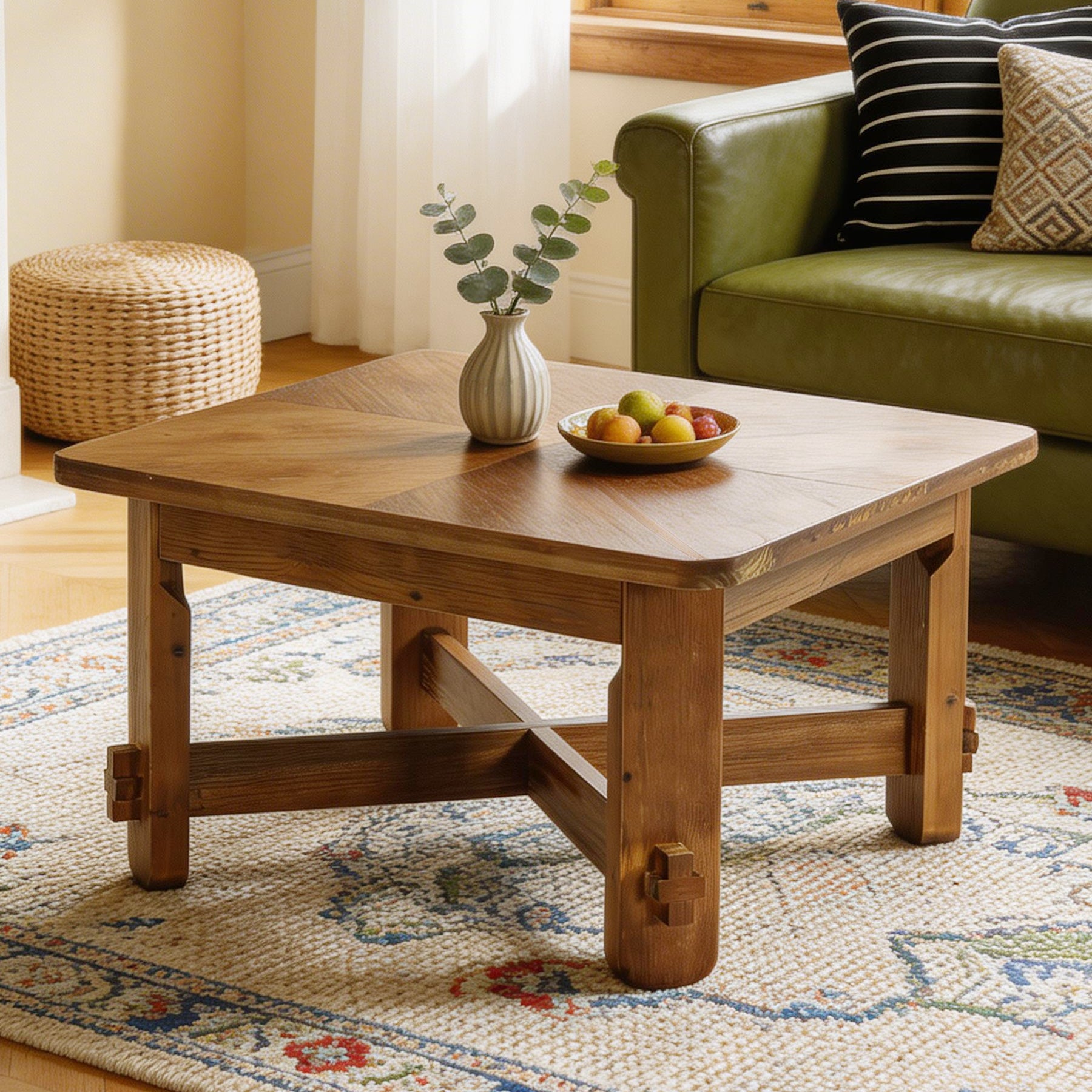 31.5 Inch Solid Wood Square Coffee Table, Farmhouse Center Table with Cross Base