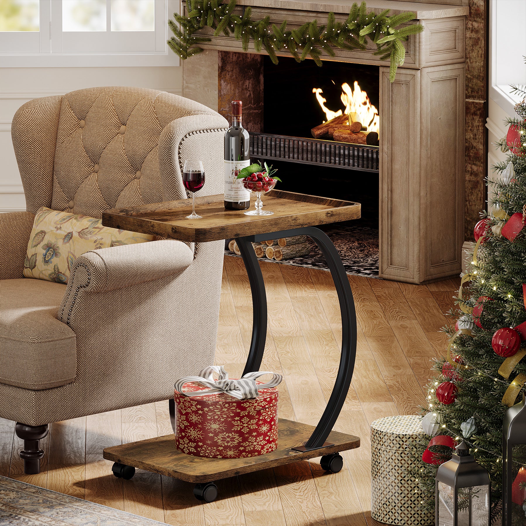 C-Shaped End Table, Industrial 2-Tier Side Table with Wheels