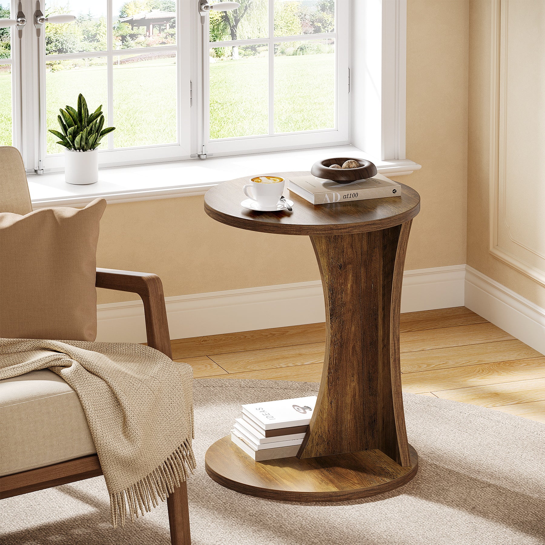 C-Shaped End Table, 2-Tier Round Side Table with Sturdy Base