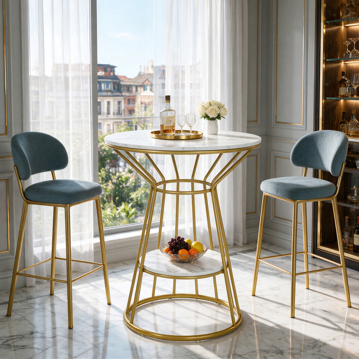 31.5" Marble-Look Round Bar Table, Modern Counter Height Table with Storage Shelf