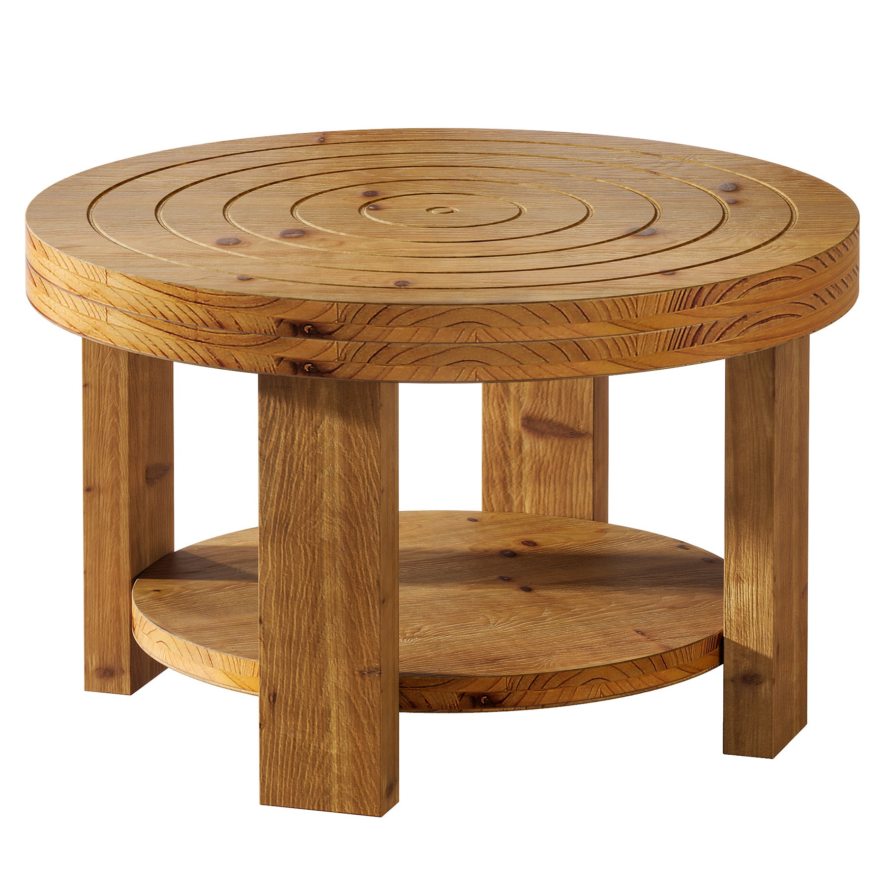 Round Solid Wood Coffee Table, 31.5" Center Table with 2-Tier Storage