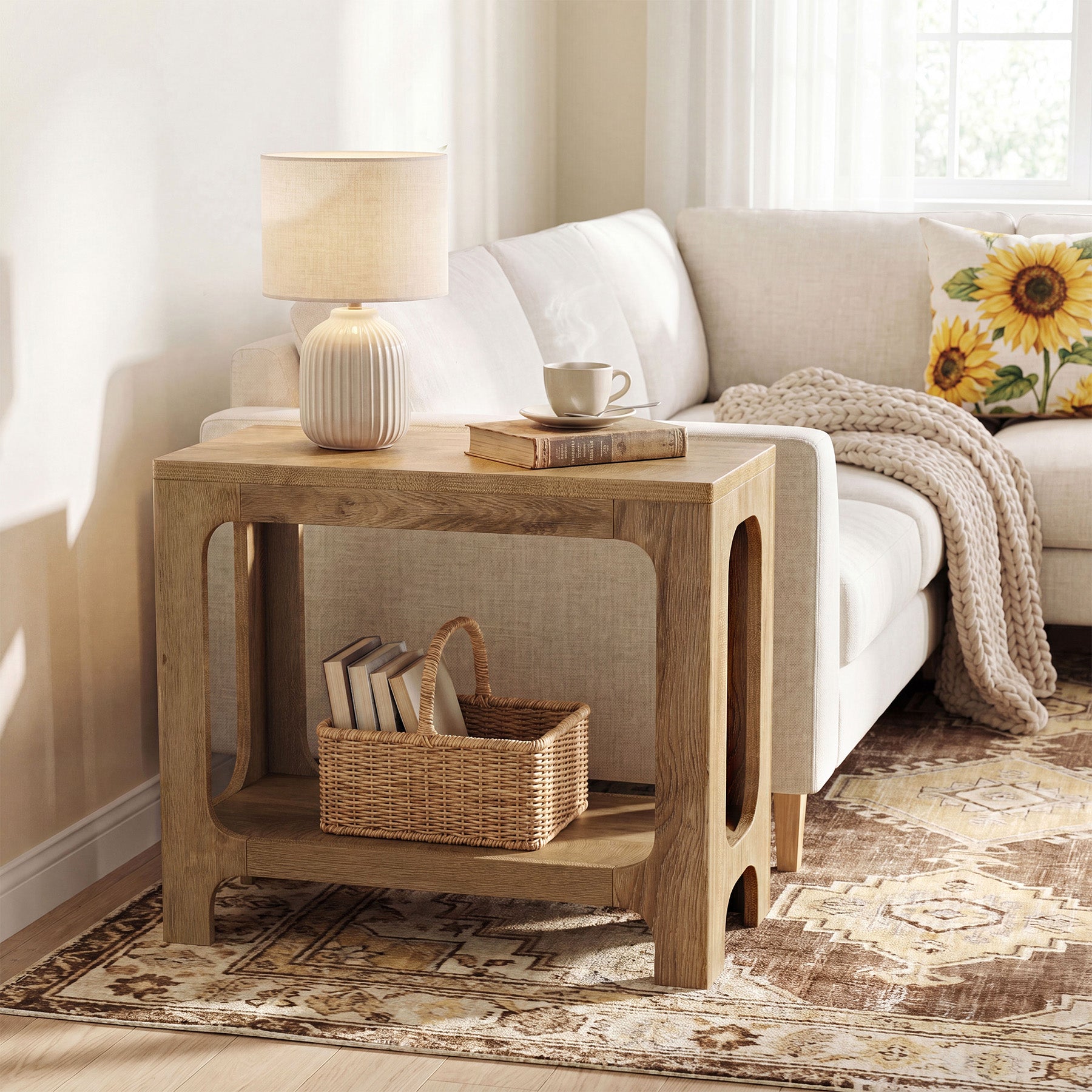 2-Tier Side Table, Narrow Wooden Rectangle End Table for Small Spaces