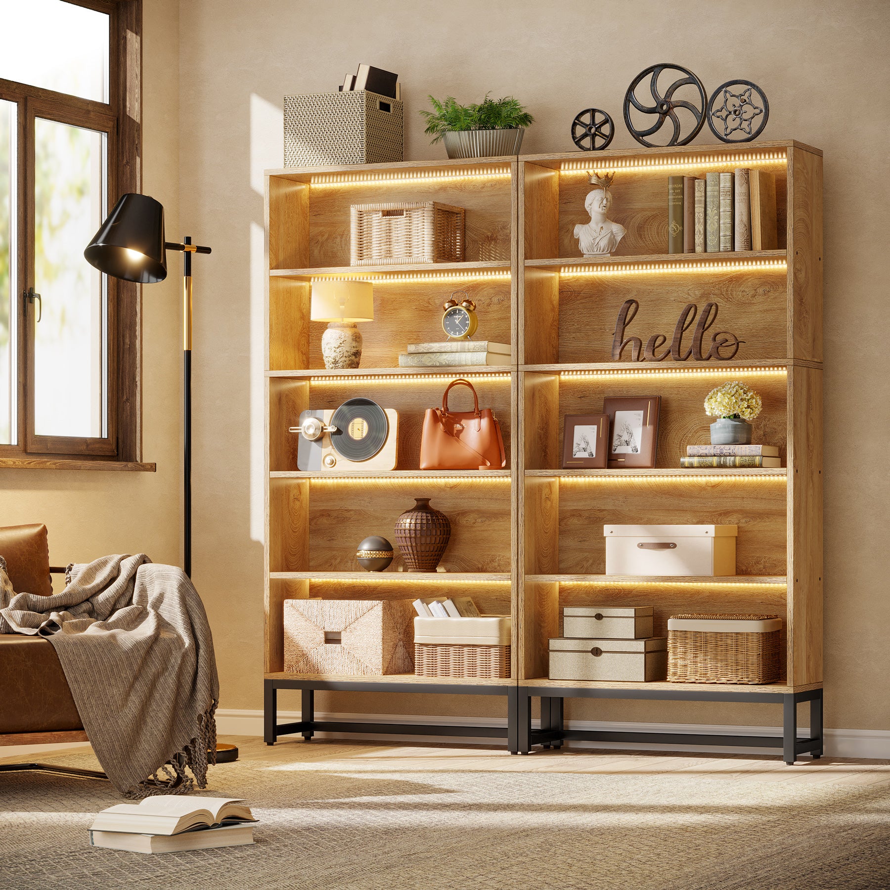 70.4“ 5-Tier Freestanding Bookshelf with LED Lights, Heavy-Duty Bookcase Display Organizer