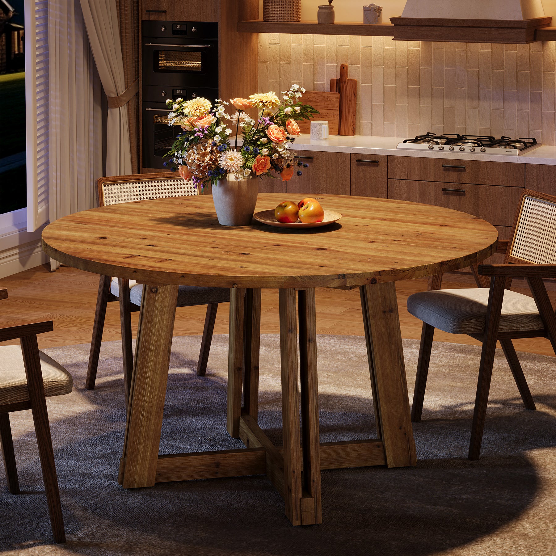 47" Round Dining Table, Solid Wood Kitchen Table with Sturdy Legs for 4-6