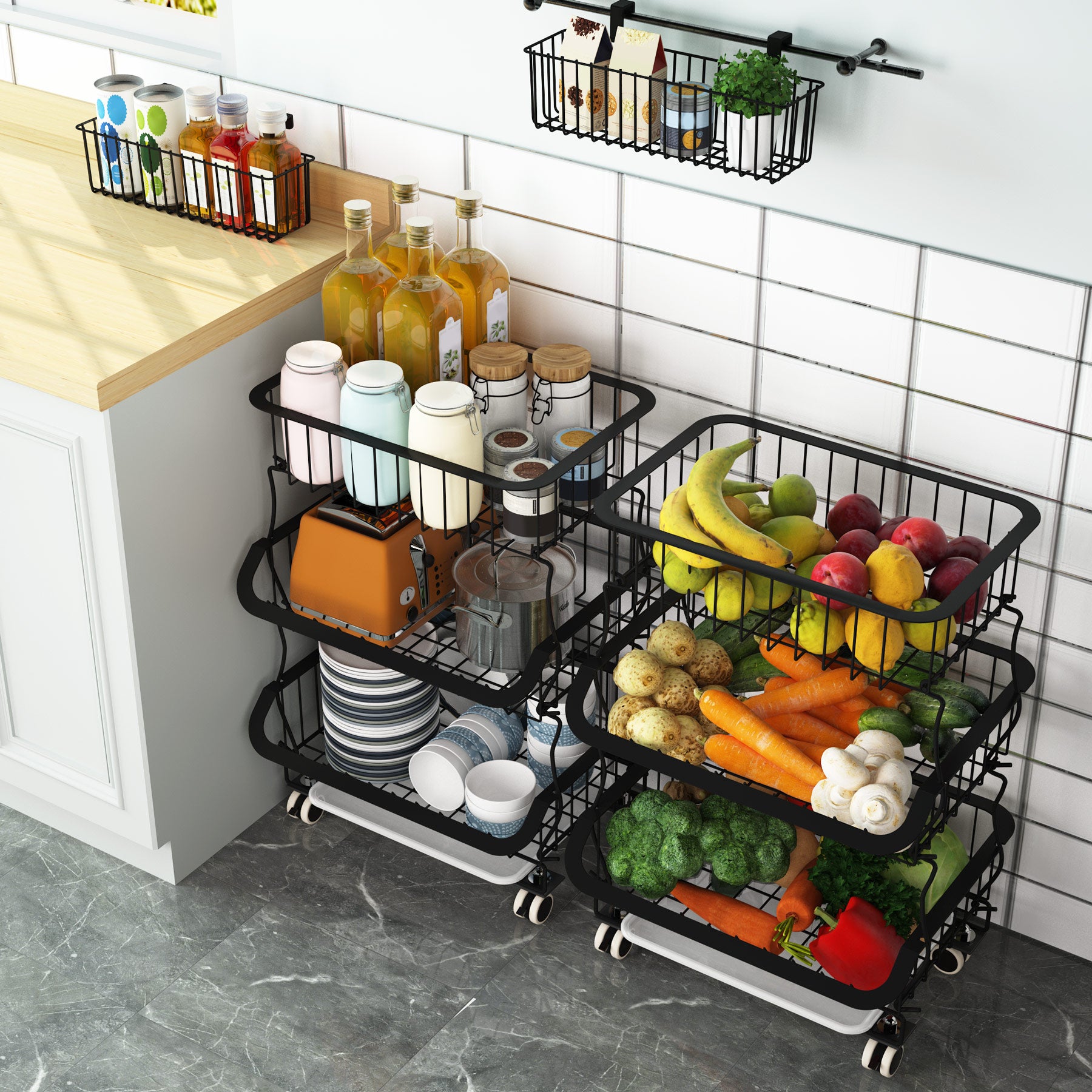 Fruit Basket, 3 Tier Stackable Metal Wire Basket Cart with Rolling Wheels