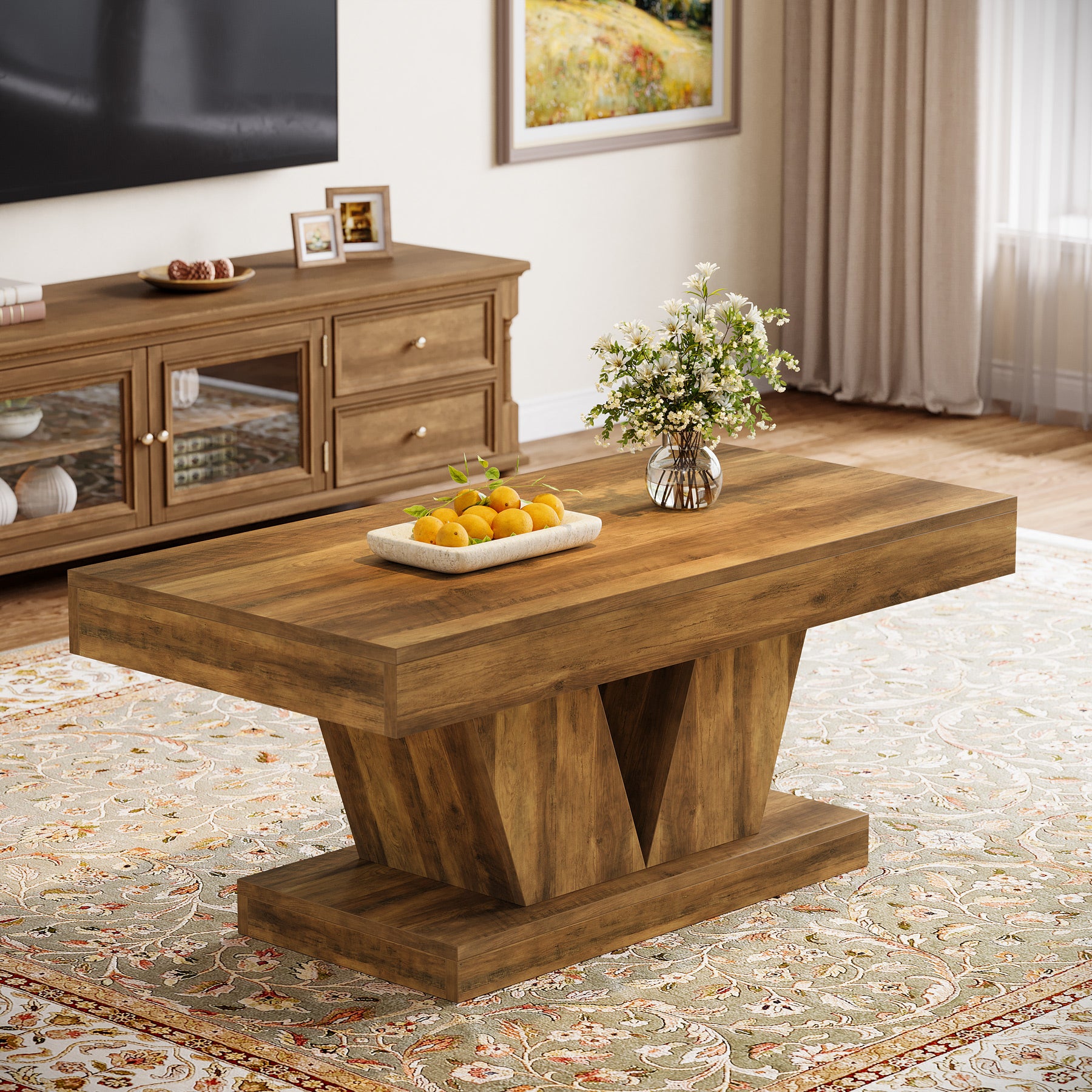 47.2" Farmhouse Rectangular Coffee Table, Mid-Century Wooden Center Table with Sculptural Base