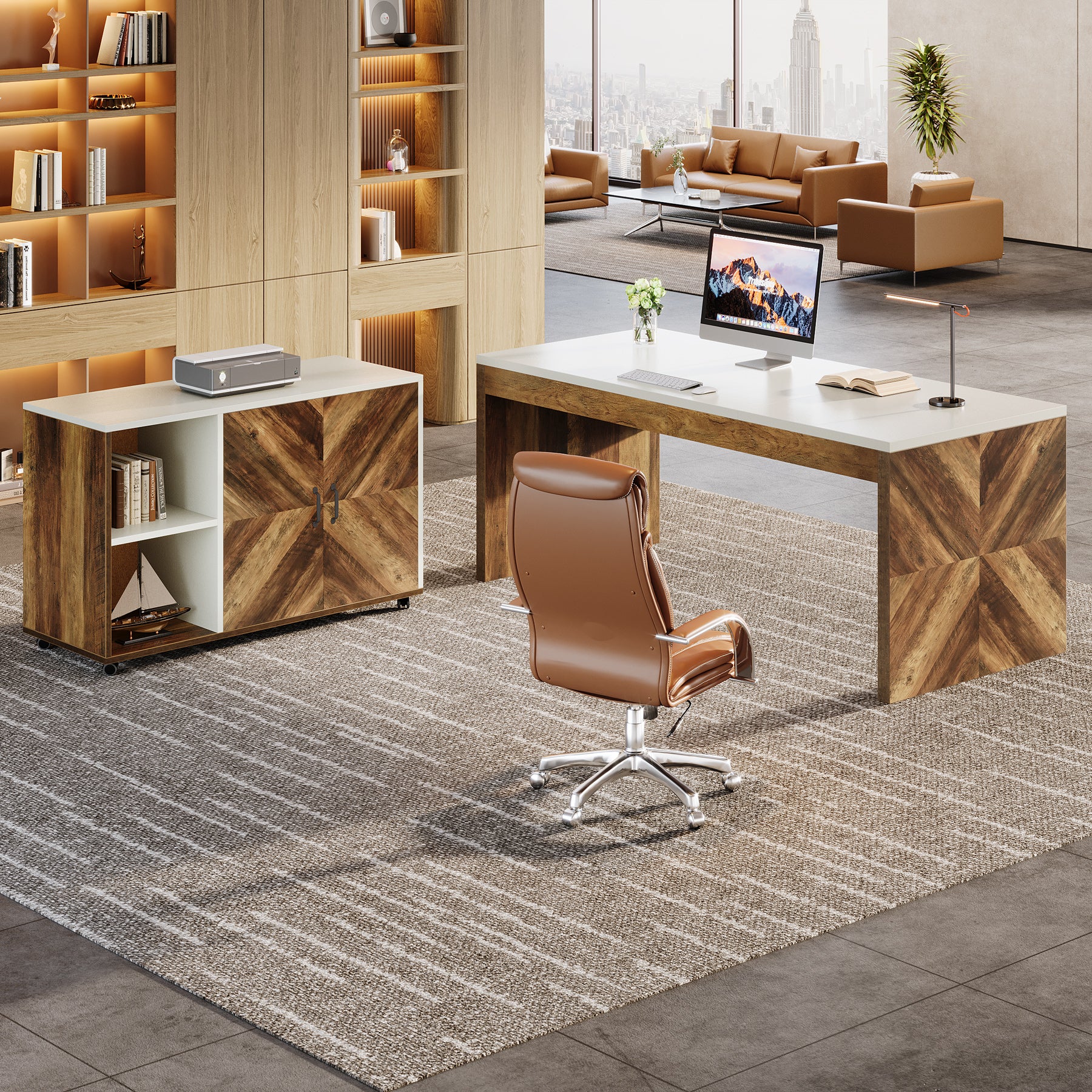 63" L-Shaped Desk, Modern Executive Office Desk with Mobile File Cabinet