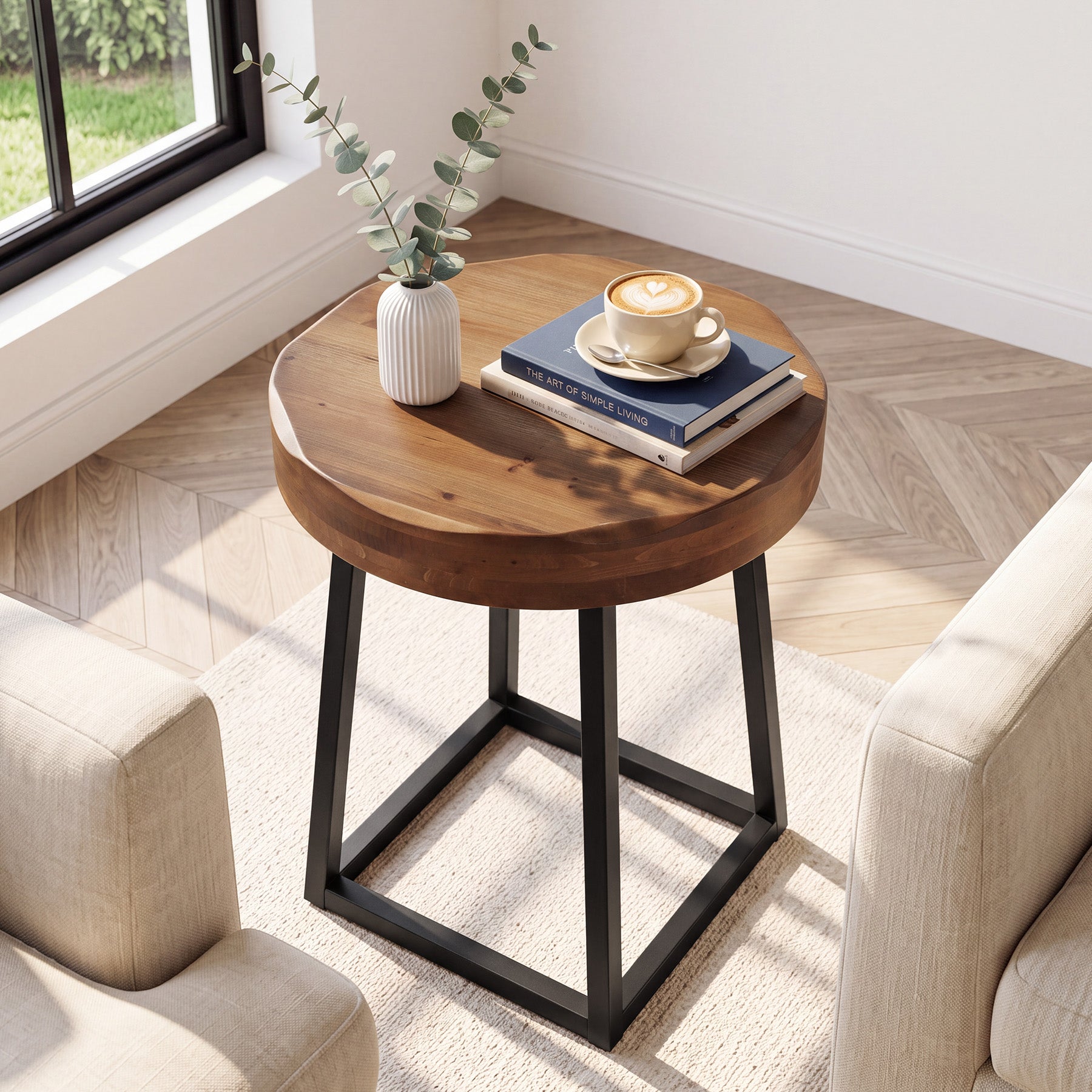 19.69" Solid Wood Round End Table, Live Edge Side Table with Metal Base for Living Room