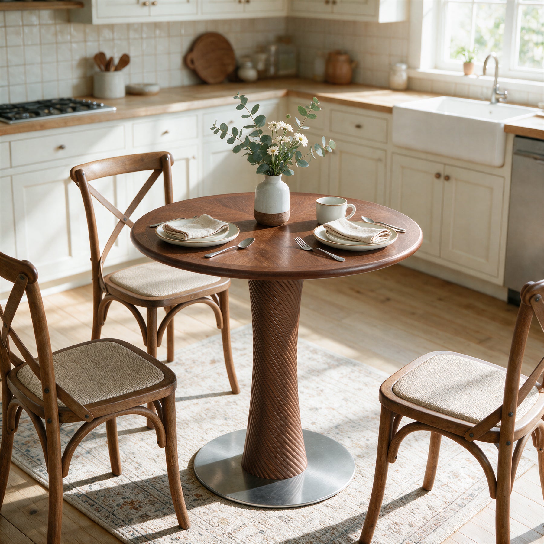 31.5” Round Dining Table, Solid Wood Kitchen Table with Hourglass Pedestal for 2