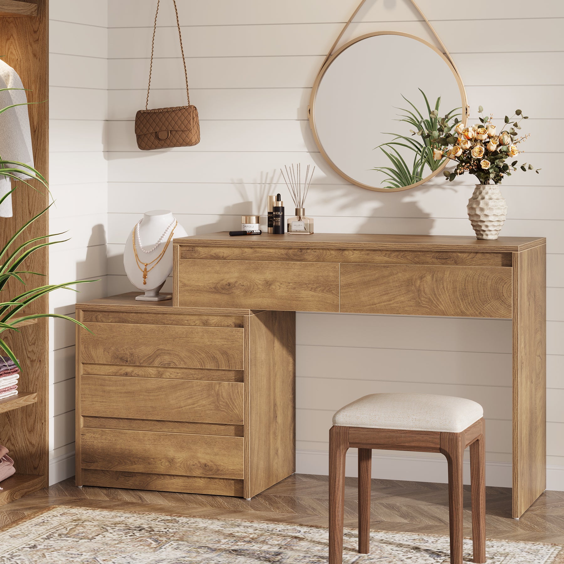 5-Drawer Makeup Vanity Desk, Modern Dressing Table with Cabinet-Tribesigns