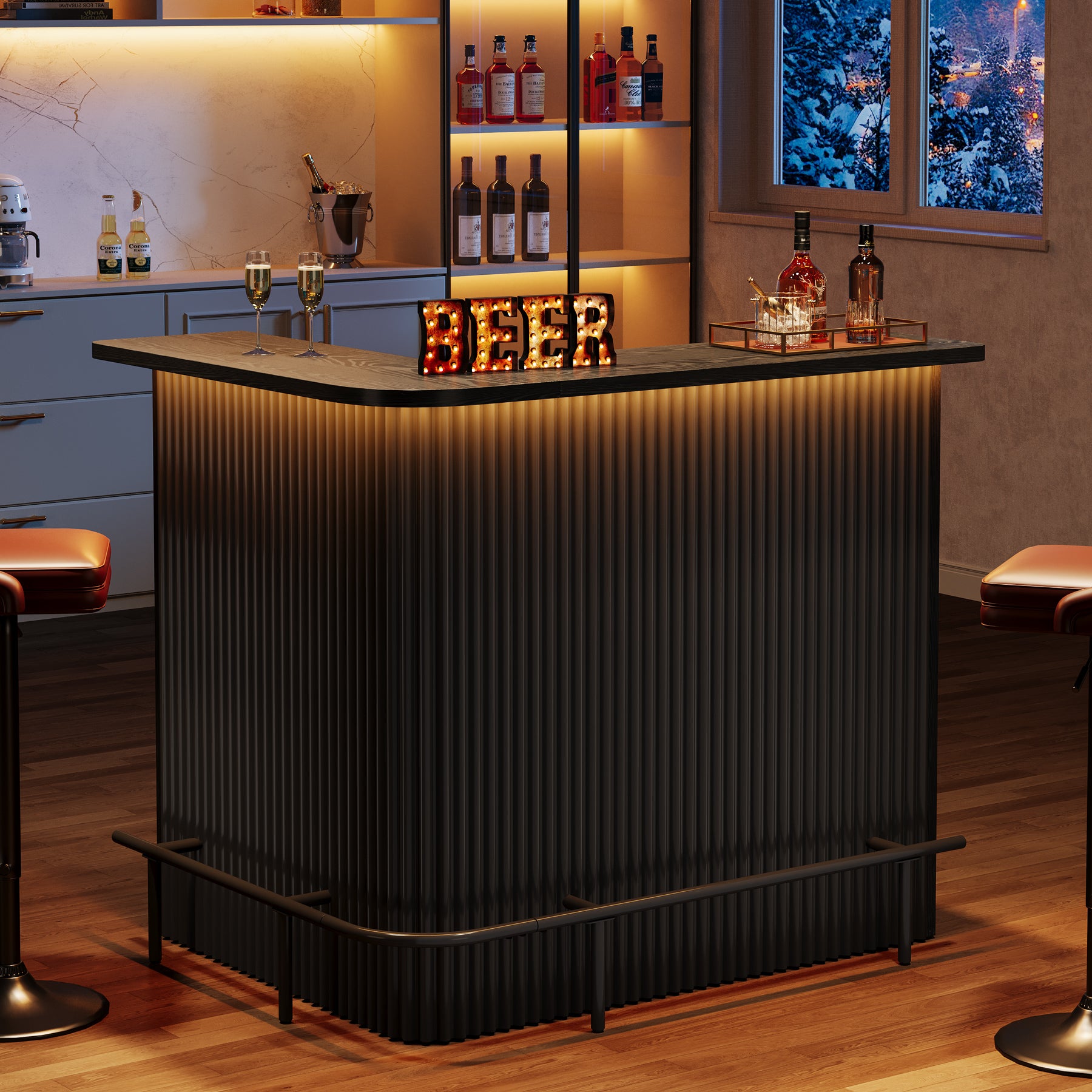 L-Shaped Home Bar Unit, 4-Tier Fluted Bar Table with Storage Shelves