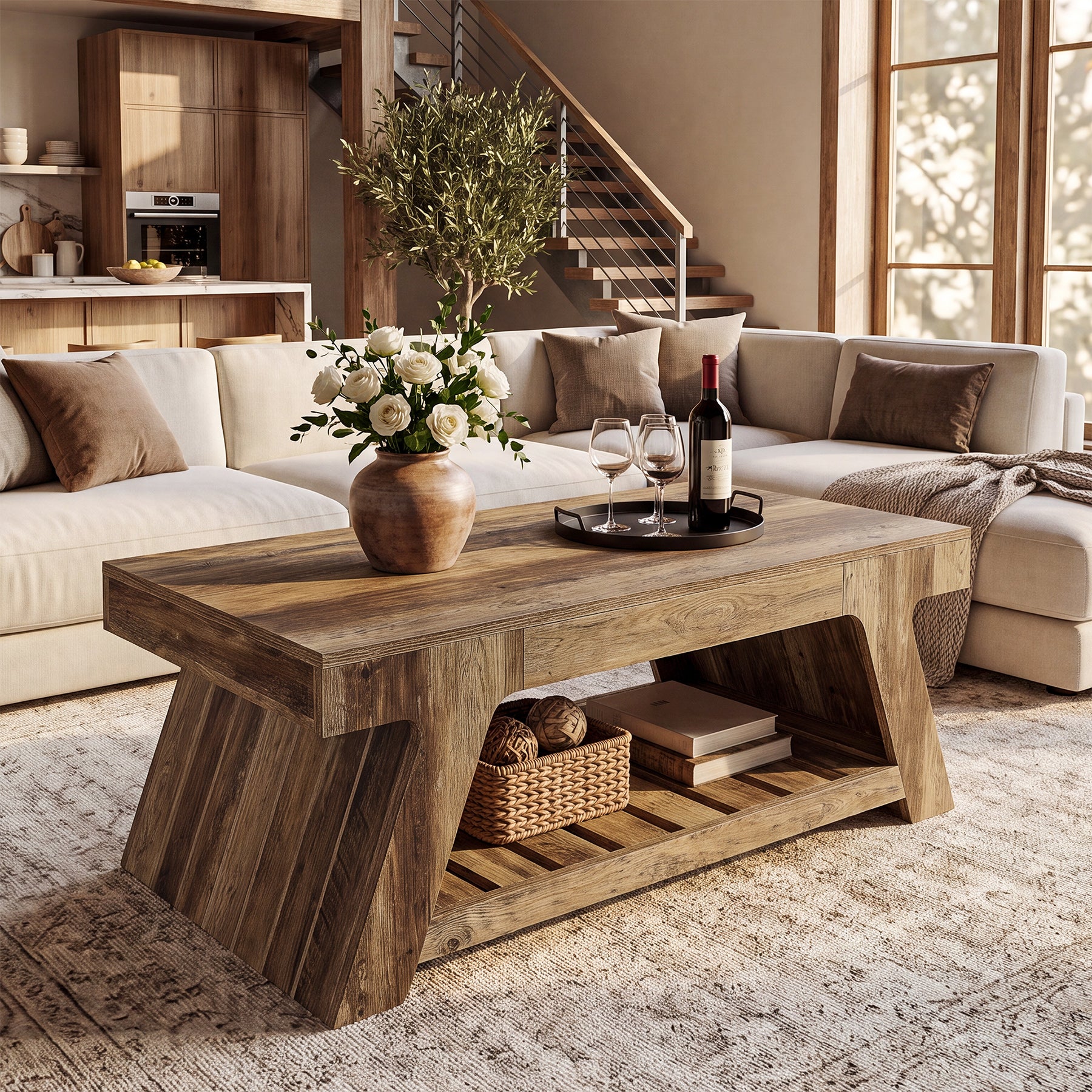 47" Farmhouse Coffee Table, 2-Tier Center Table with Slatted Storage Shelf for Living Room