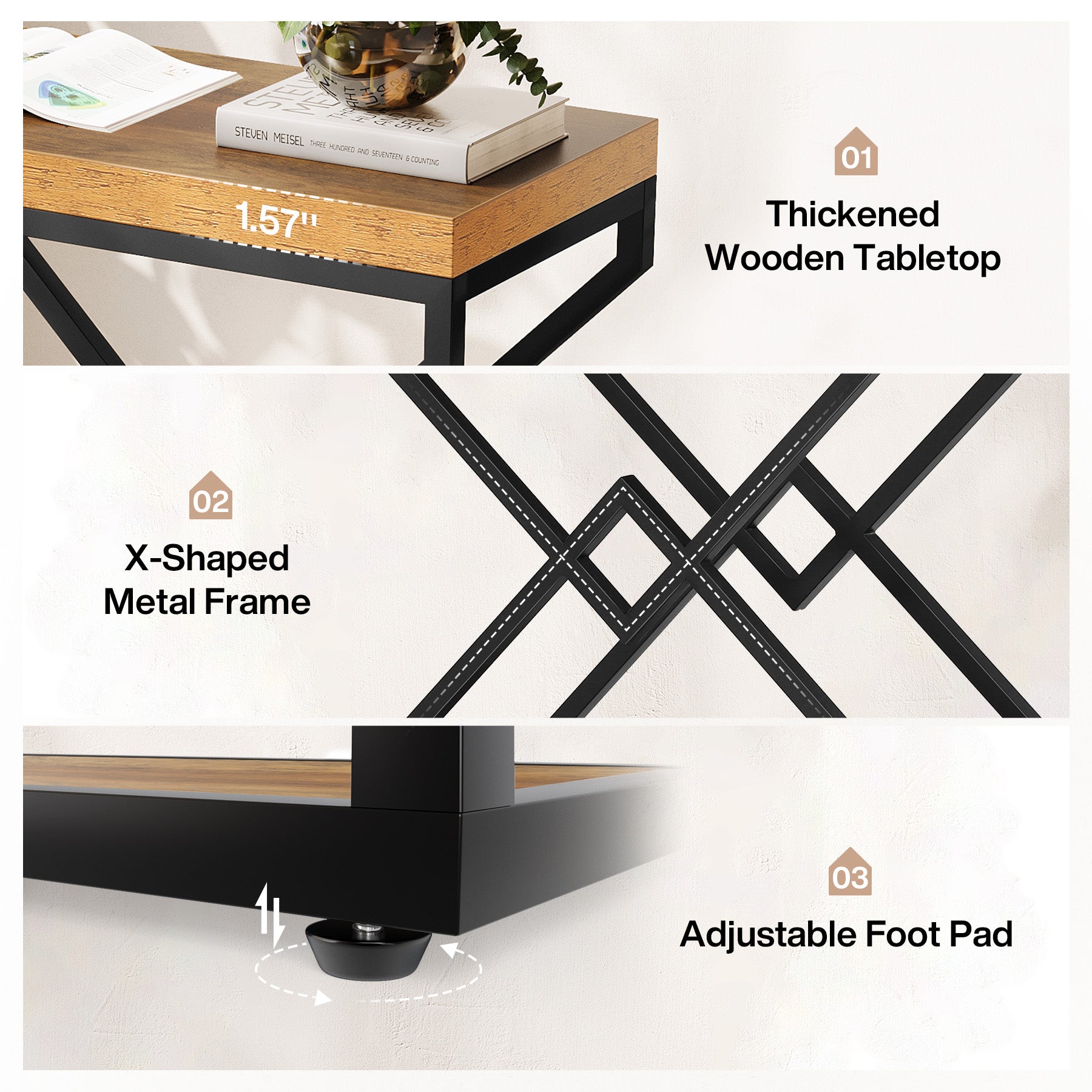 23.62" End Table, Narrow Side Table with Storage and X-Shaped Metal Frame