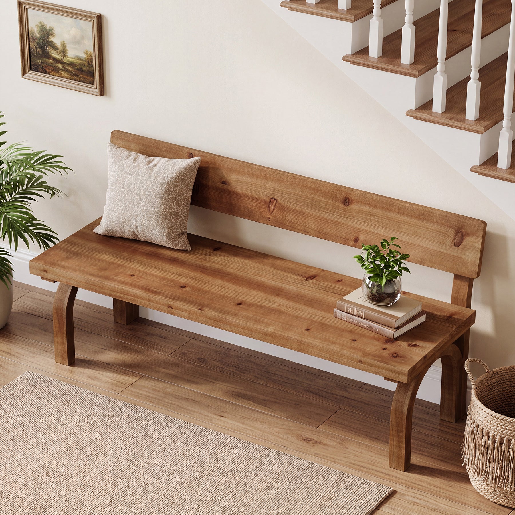 Solid Wood Entryway Bench with Backrest, 63" Long Dining Bench for Entryway, Kitchen