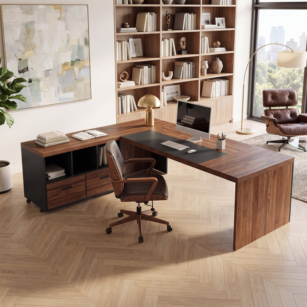 L-Shaped Executive Desk, 71" Reversible Computer Desk with Mobile File Cabinet & Shelves
